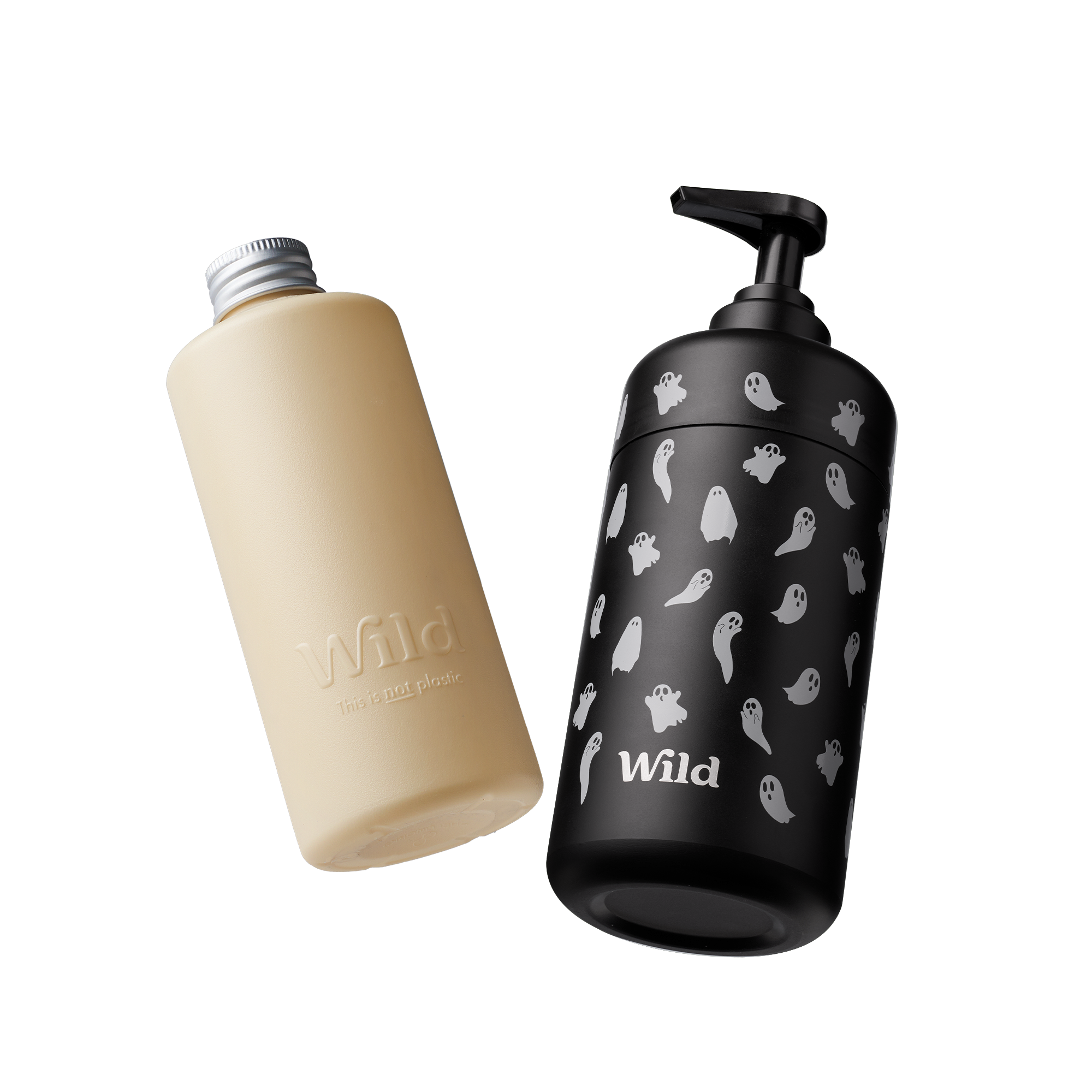 Caption: a bottle of water next to a black and white bottle