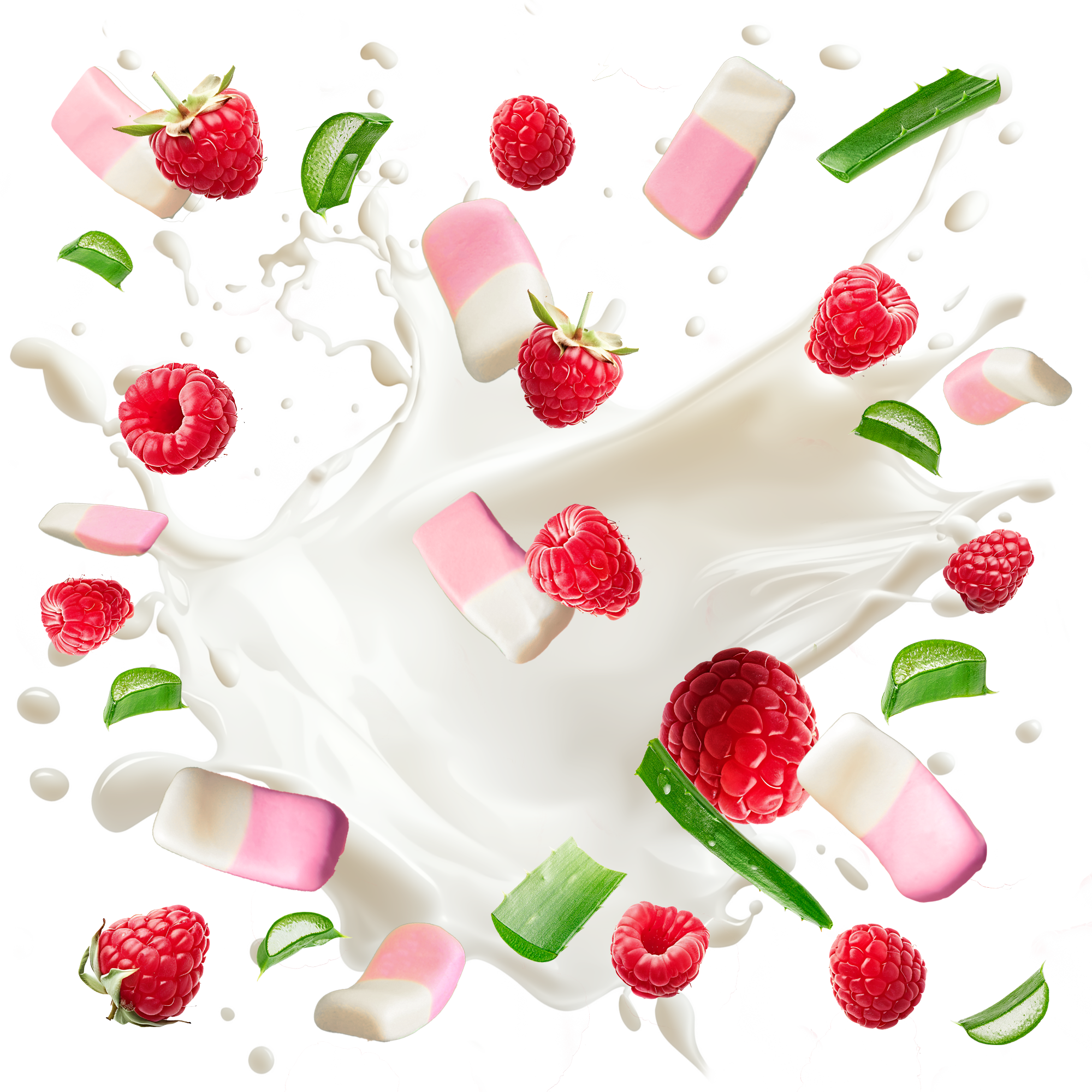Caption: raspberries and milk splashing into a glass of milk