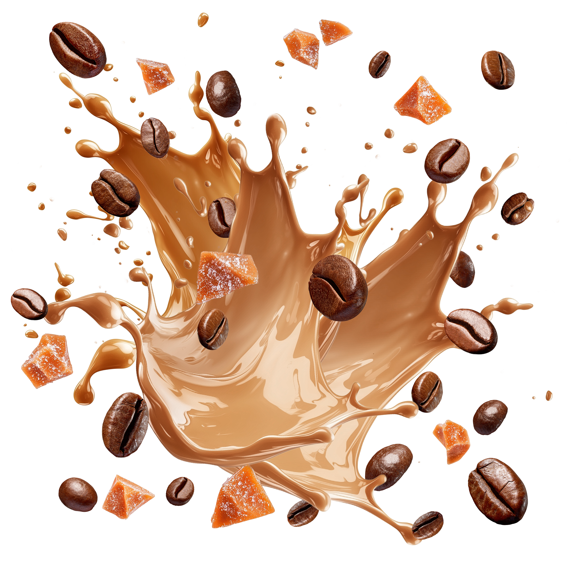 Caption: a splash of chocolate and coffee beans into a liquid