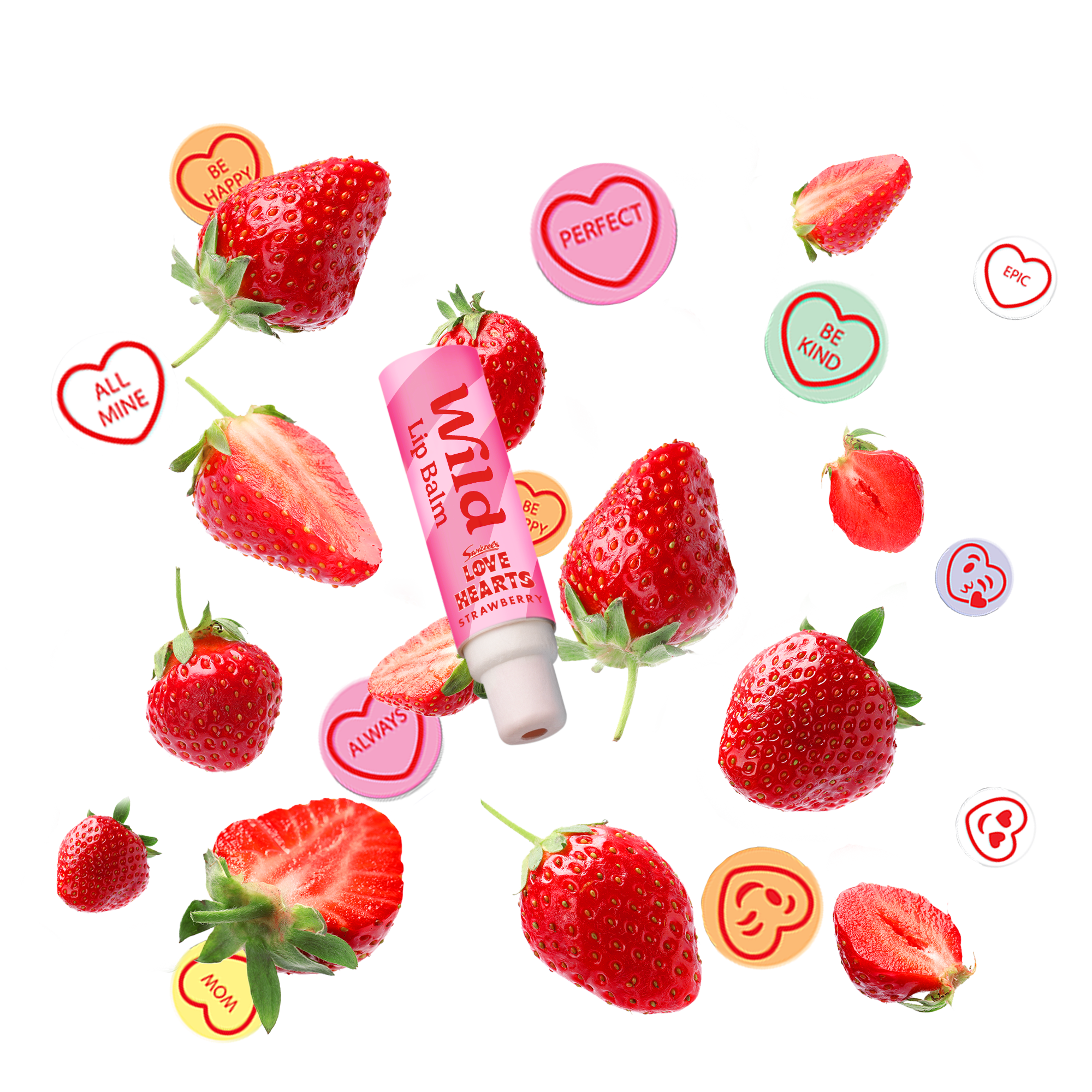 Caption: a tube of lip balm surrounded by strawberries