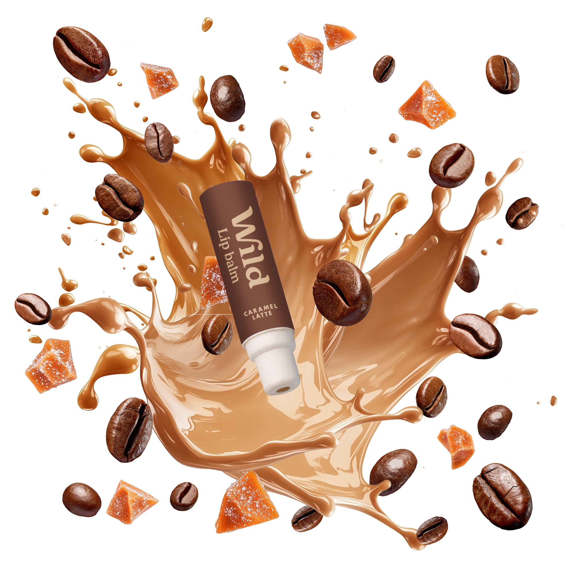 Caption: a tube of lip balm surrounded by coffee beans