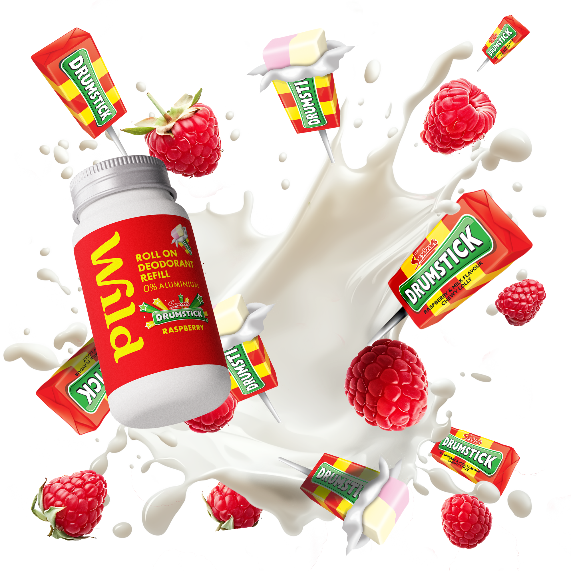Caption: a bottle of raspberry milk surrounded by raspberries