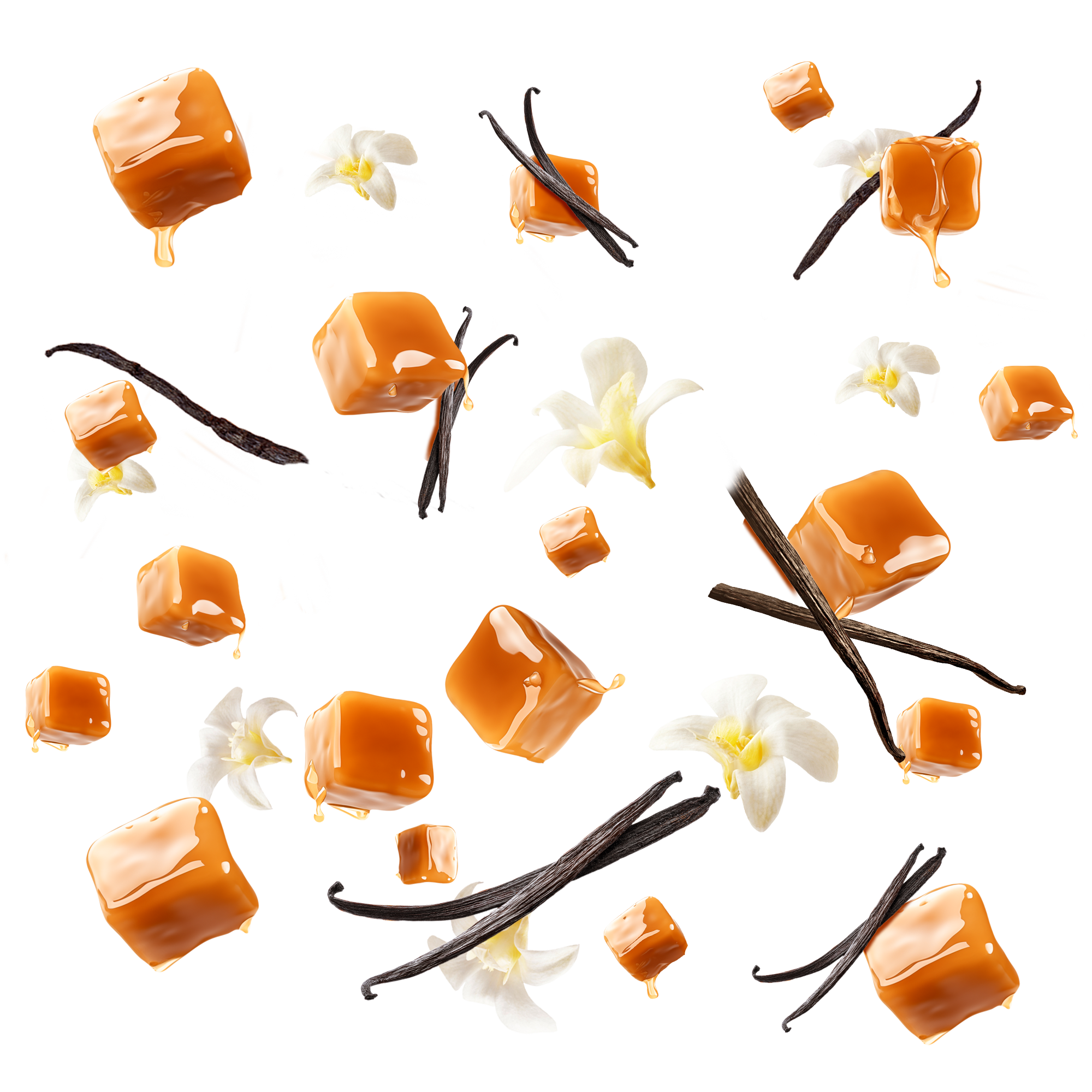 Caption: a group of pieces of caramel and vanilla ice cream
