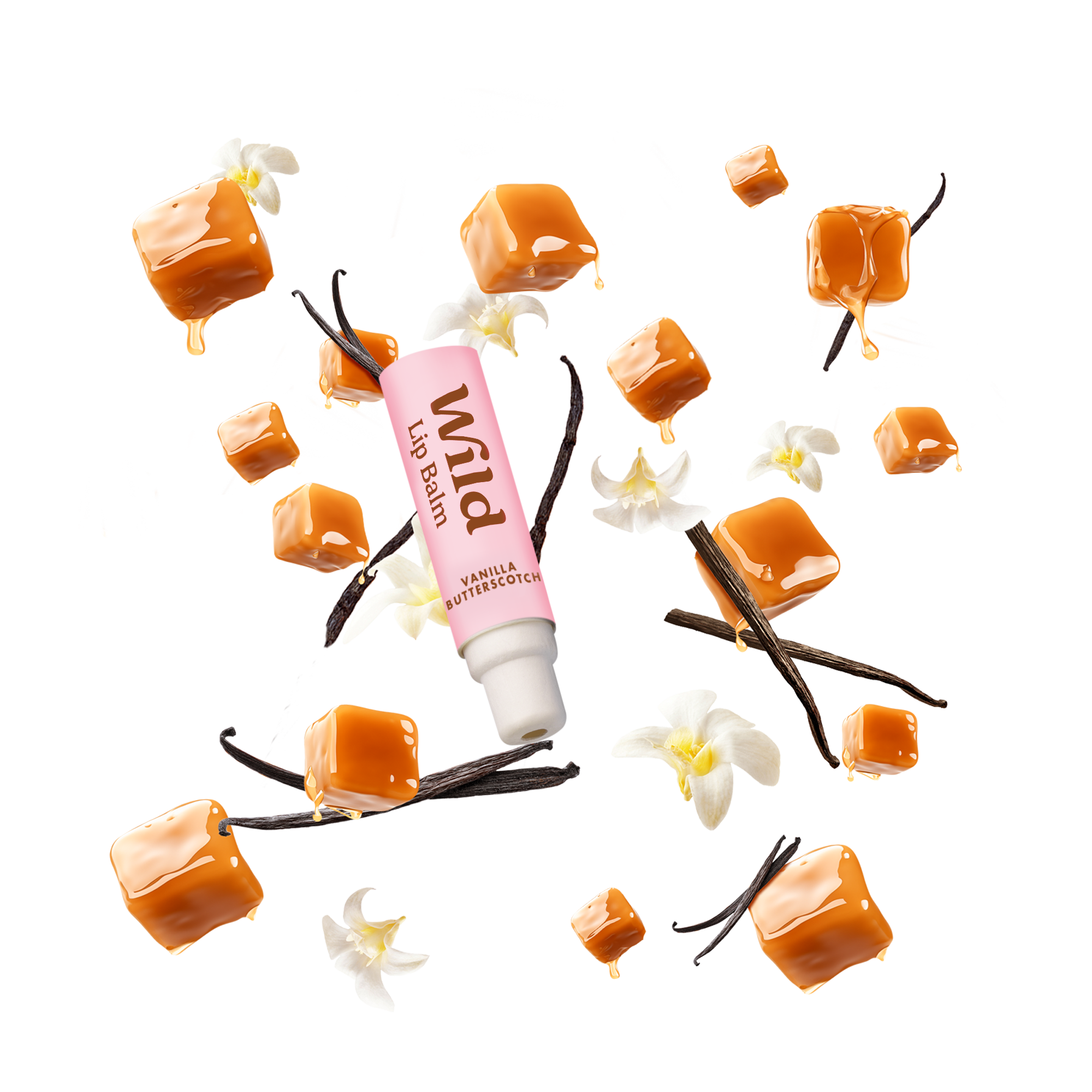 Caption: a tube of lip butter surrounded by flowers
