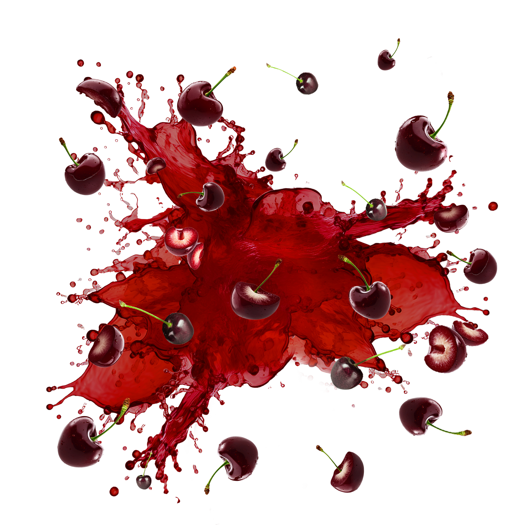 Caption: a red liquid splash with cherries on it