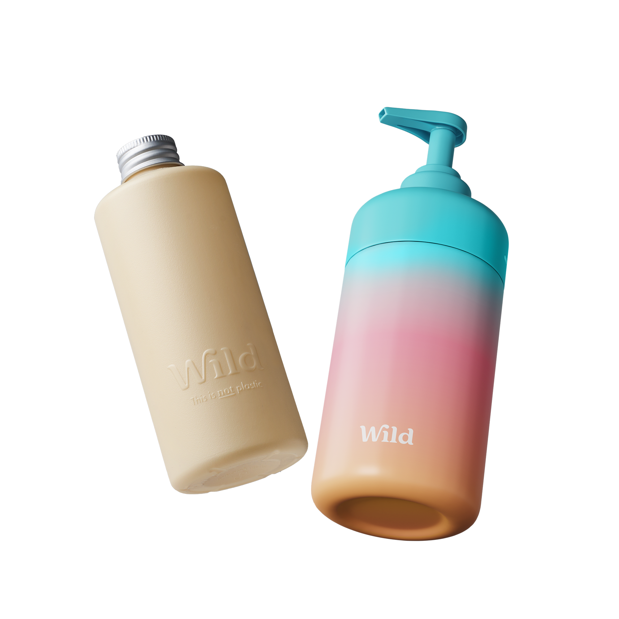 Caption: a bottle of water and a bottle of shampoo
