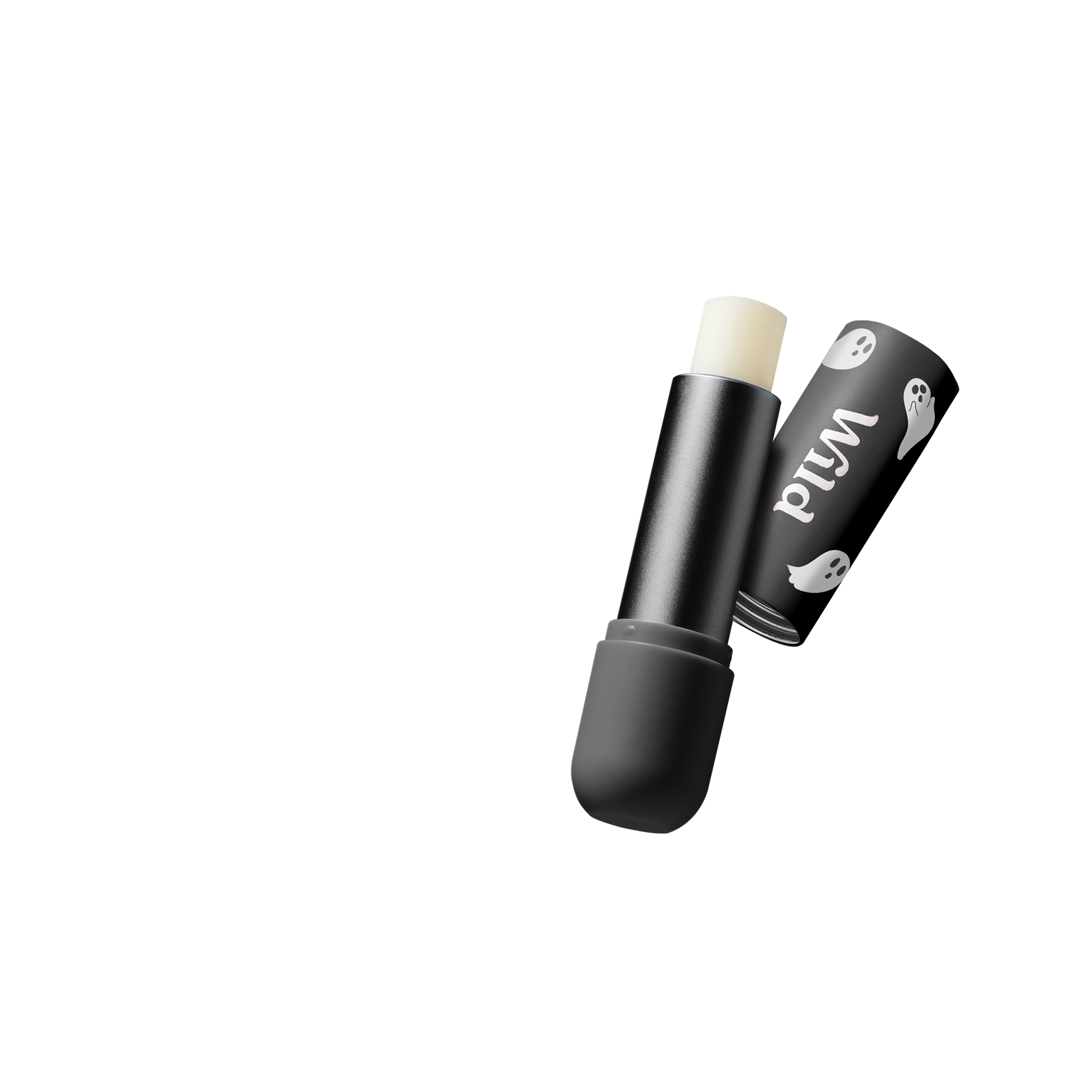 Caption: a close up of a black lipstick with a white background