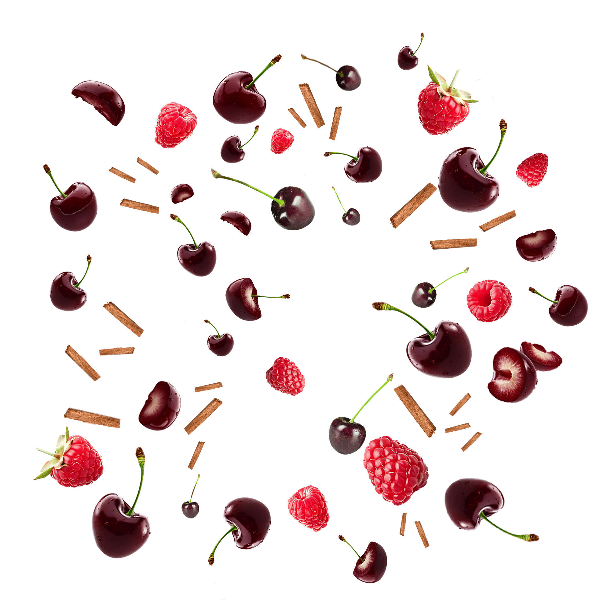 Caption: a group of cherries and cinnamon sticks arranged in a circle