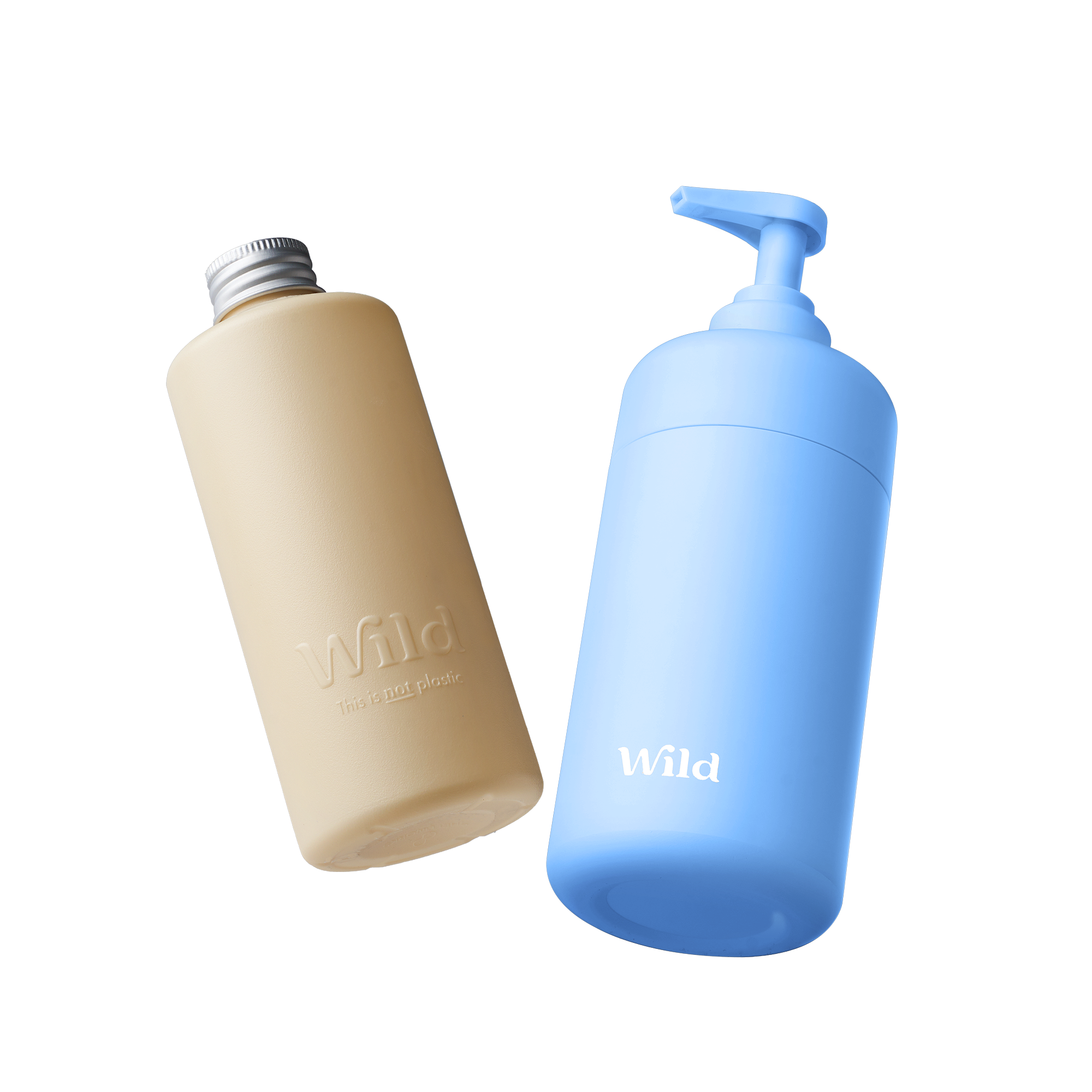Caption: a blue bottle and a tan bottle are next to each other