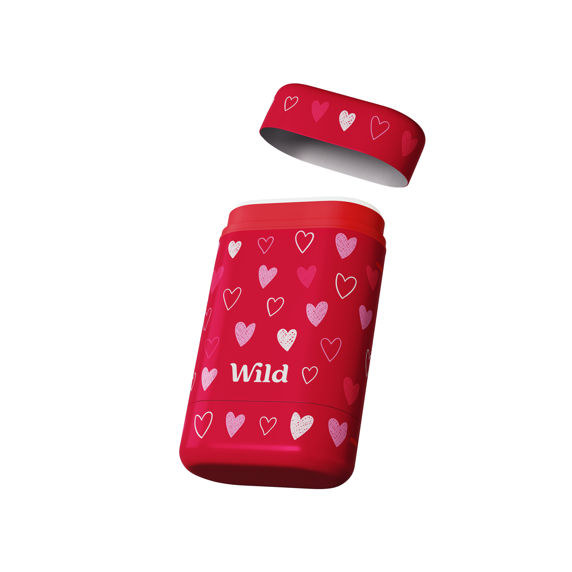 Didascalia: un barattolo rosso con cuori e la scritta "wild".