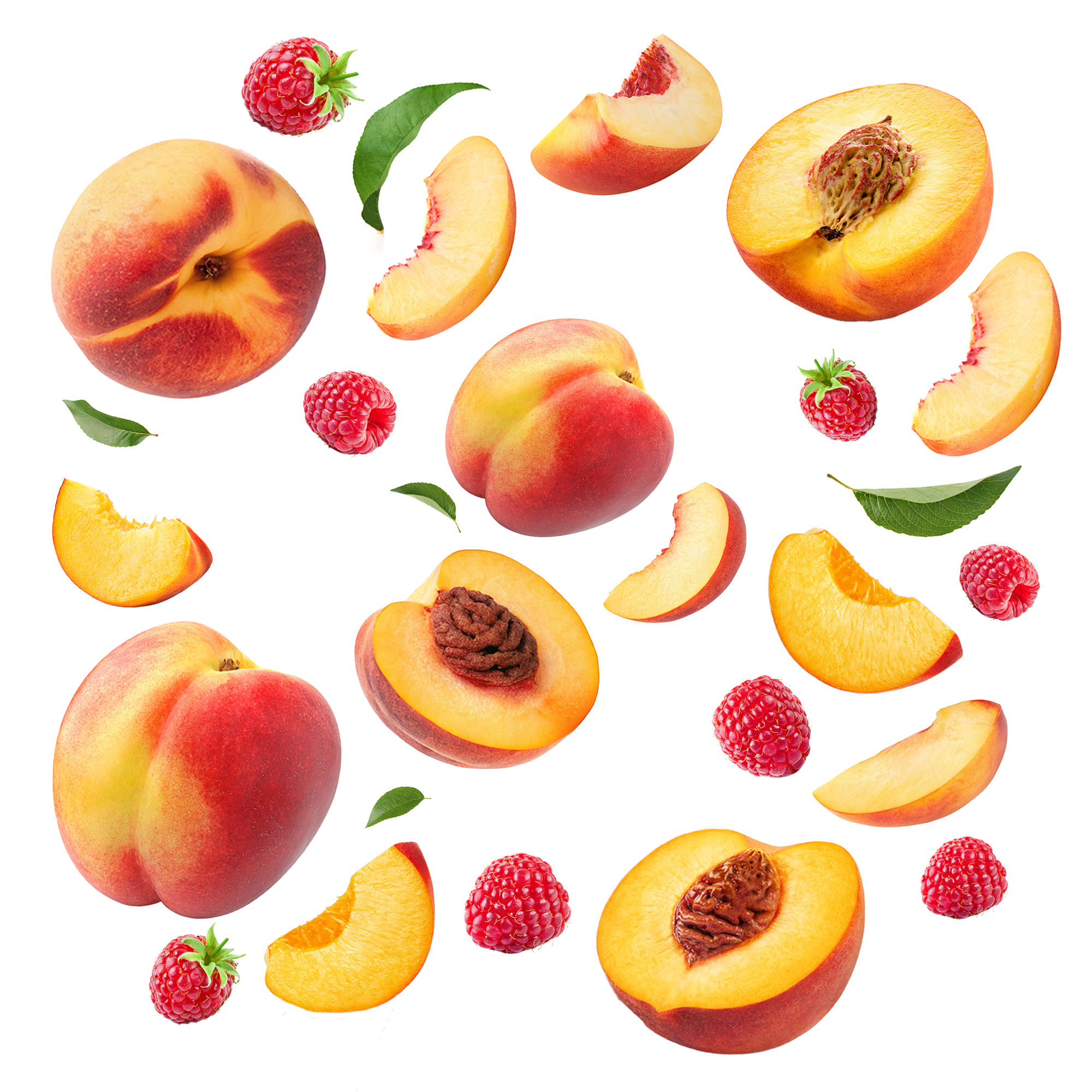 Caption: a group of peaches and raspberries on a white background