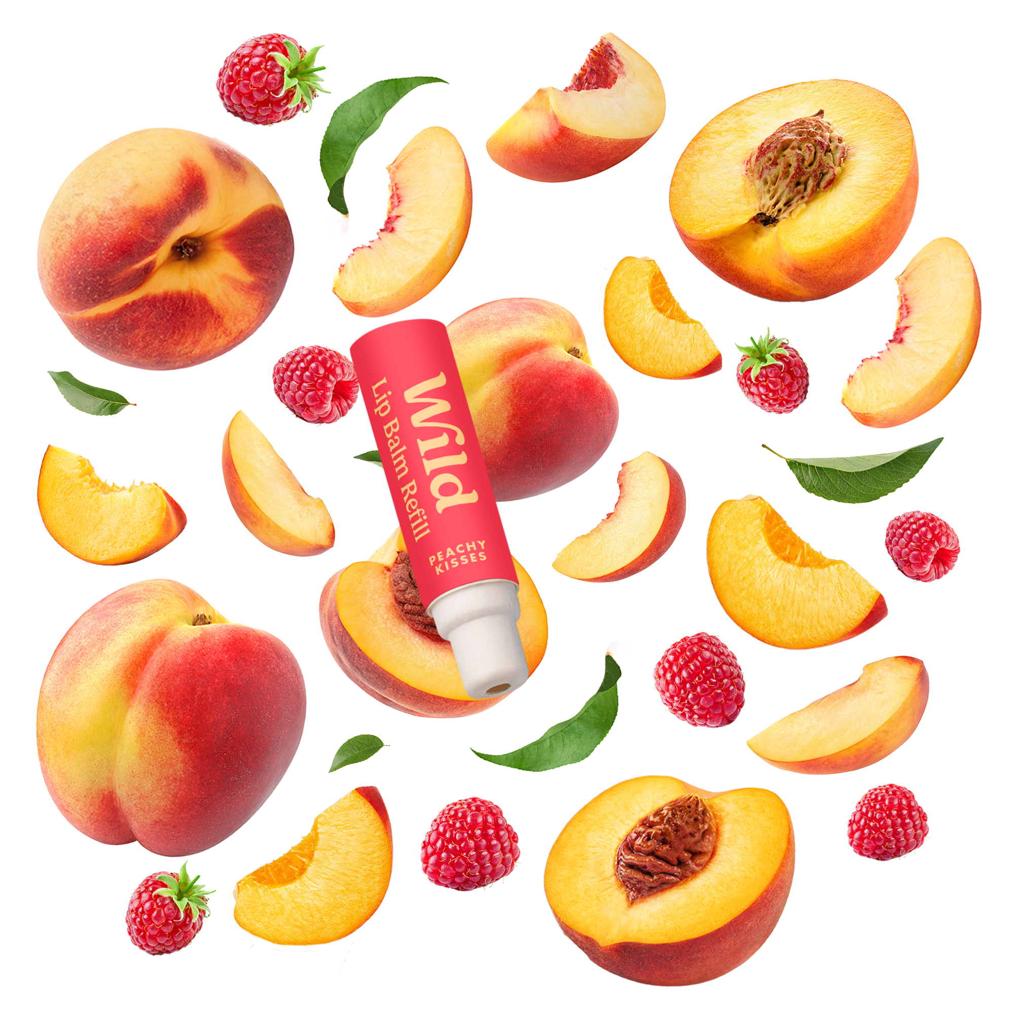 Caption: a tube of lip balm surrounded by peaches and raspberries