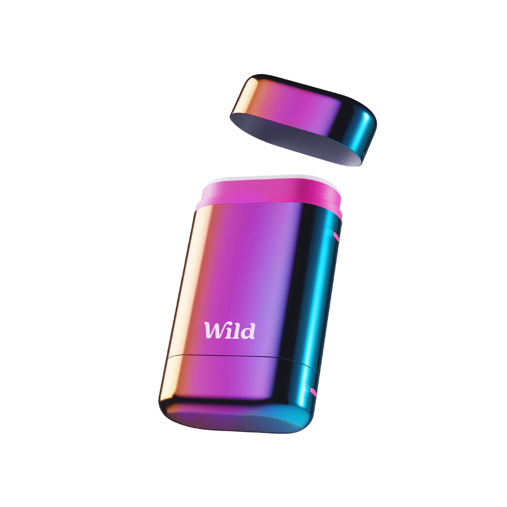 Caption: a purple and blue bottle with the word wild on it