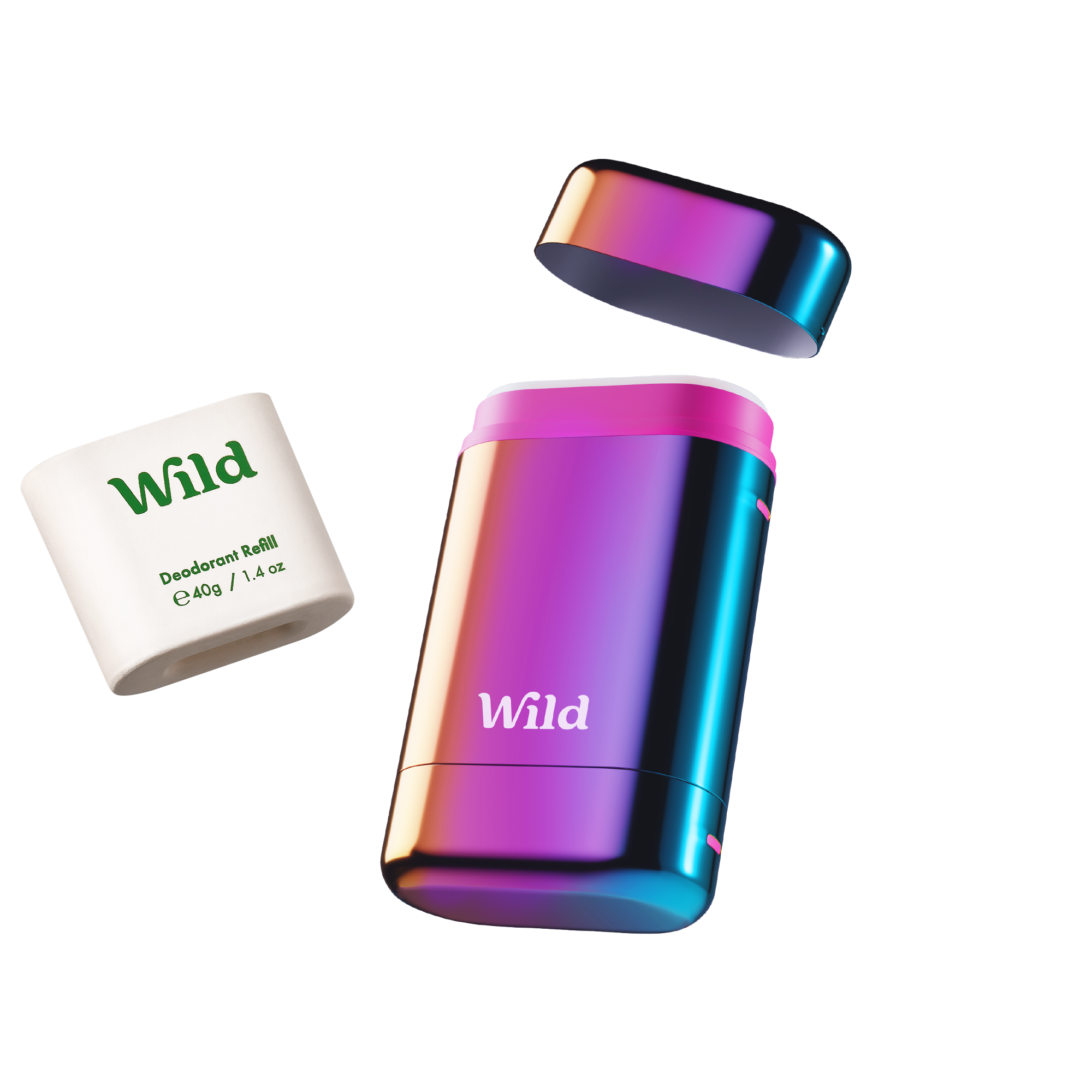 Caption: a bottle of wild deodorant next to a roll of deodoran