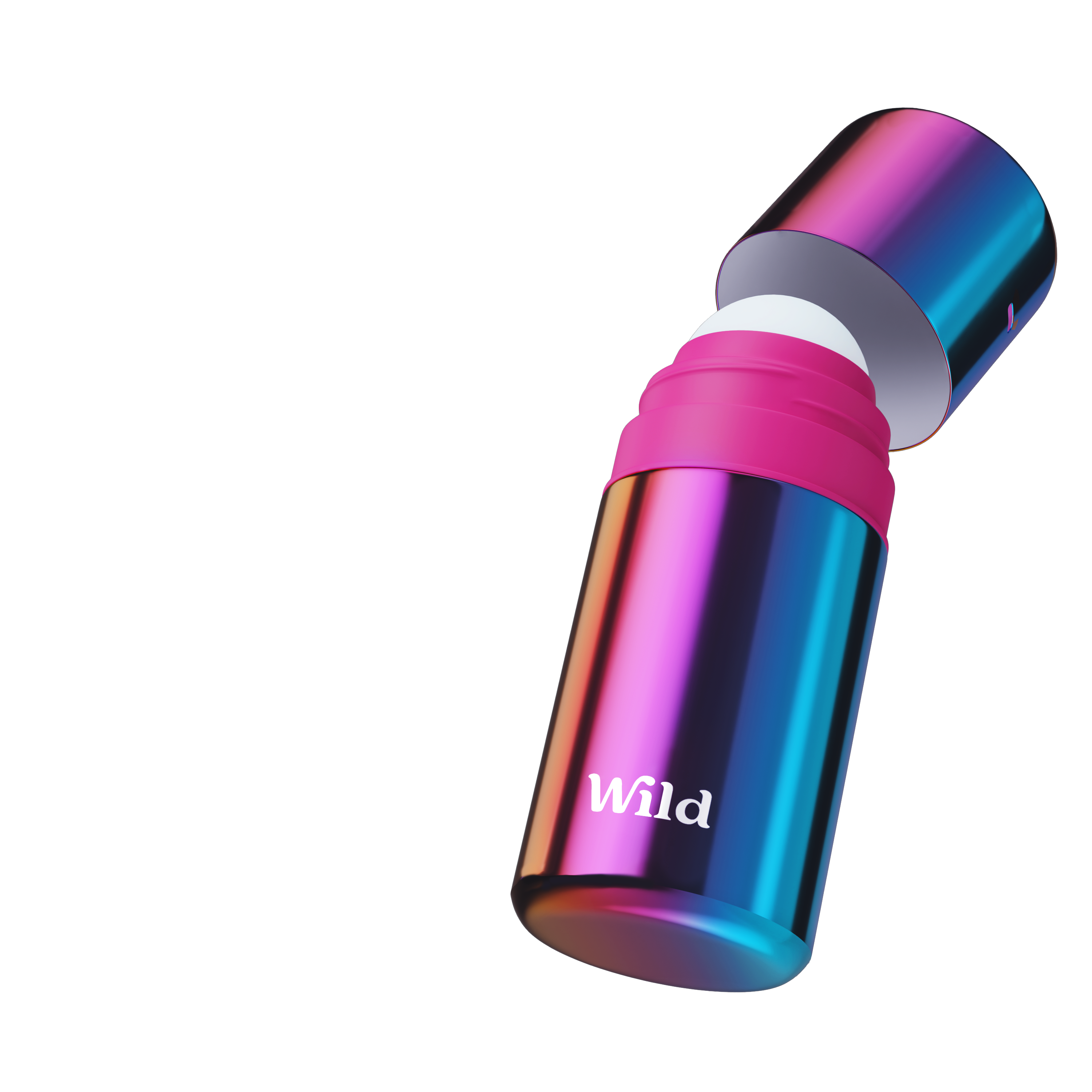 Légende : une bouteille rose, bleue et violette avec le mot « wild » (sauvage) inscrit dessus.