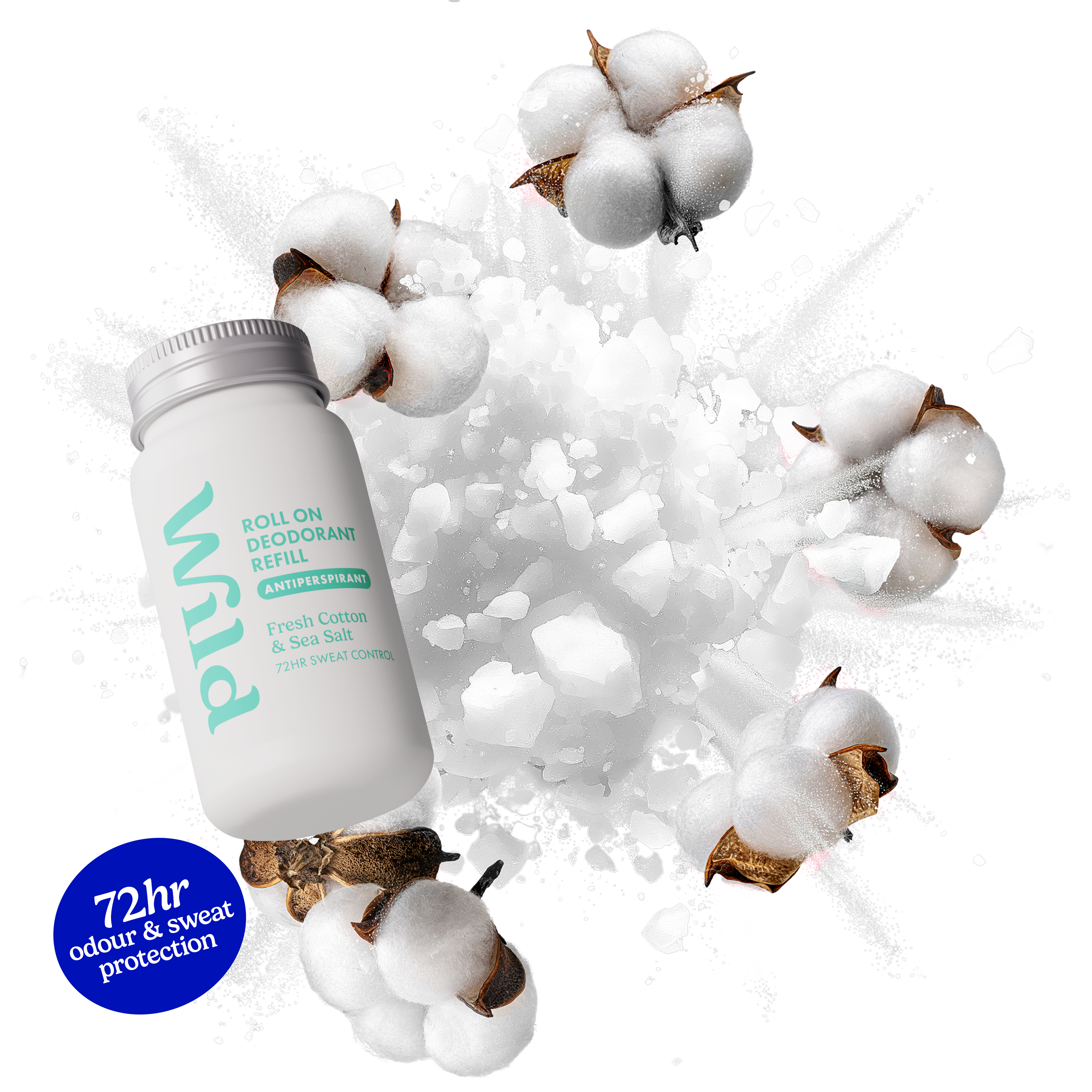 Didascalia: una bottiglia di cotone e una pila di cotone su sfondo bianco