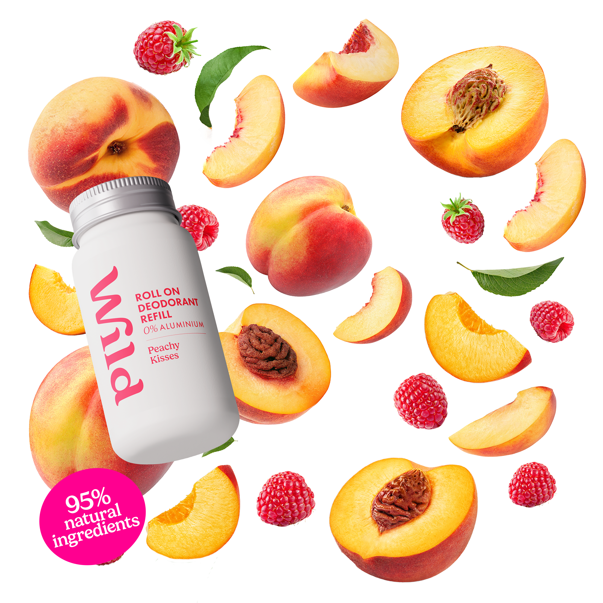 Caption: a bottle of vitamin water surrounded by peaches and raspberries