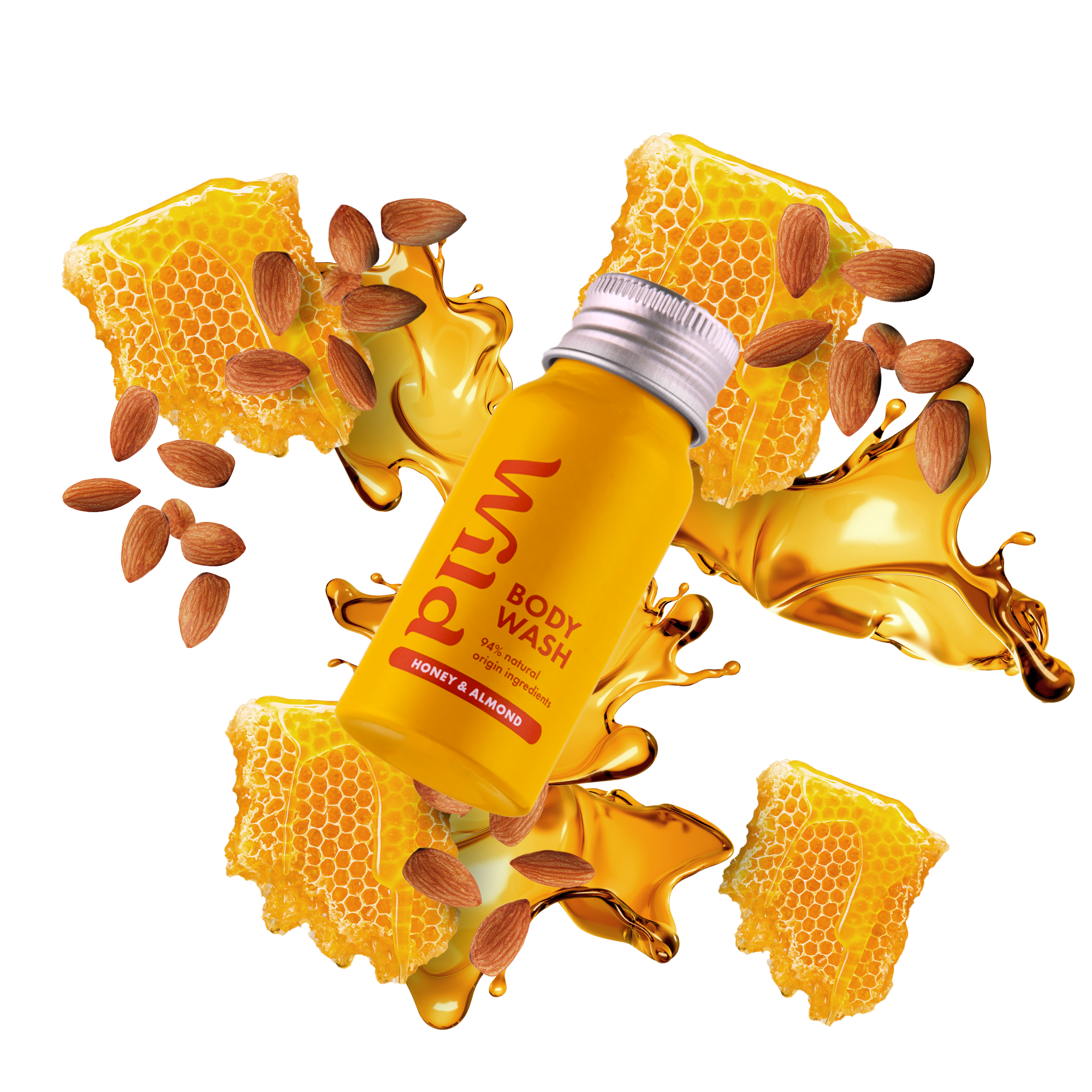 Caption: a bottle of vitamin oil surrounded by honey and nuts