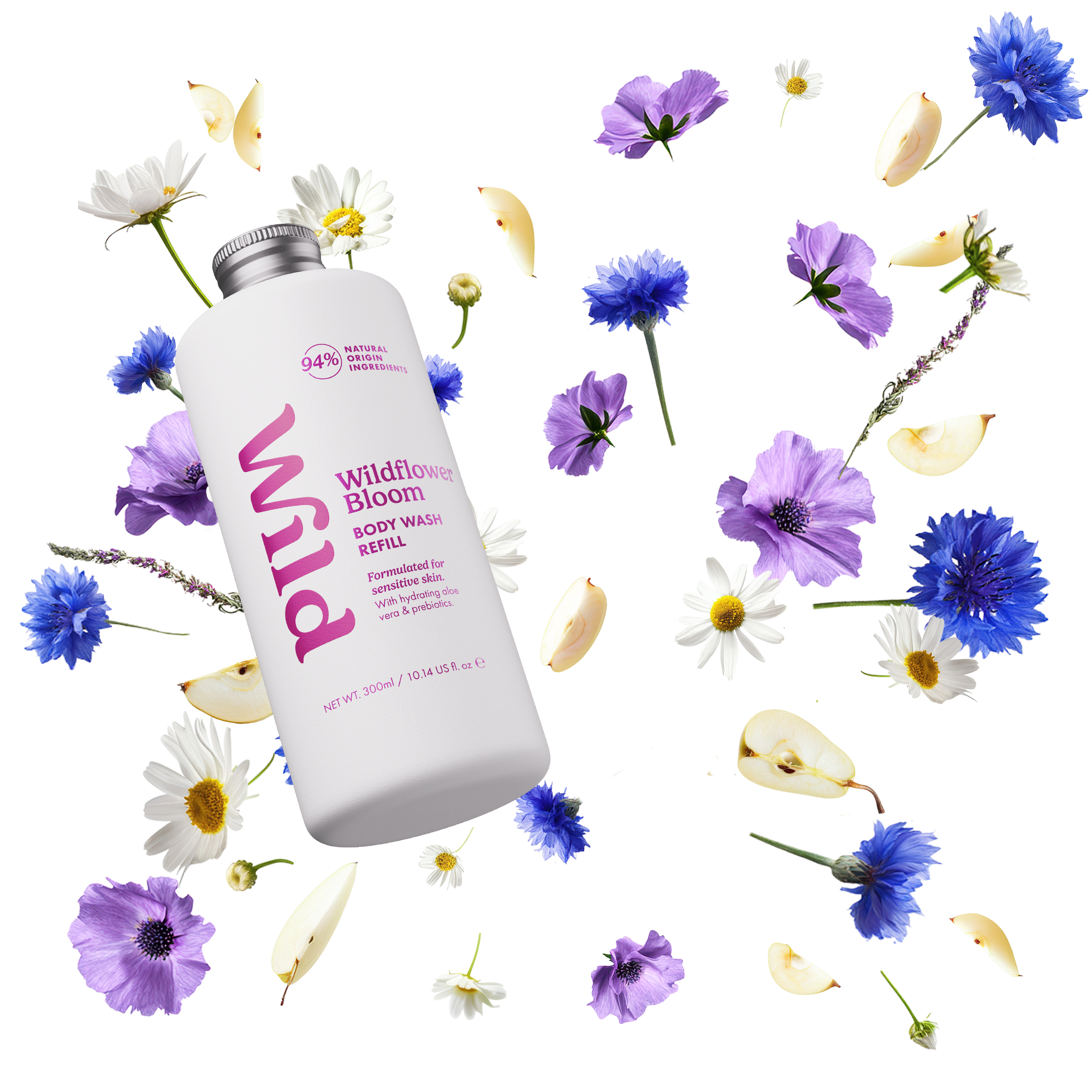 Caption: a white bottle with wildflowers surrounding it