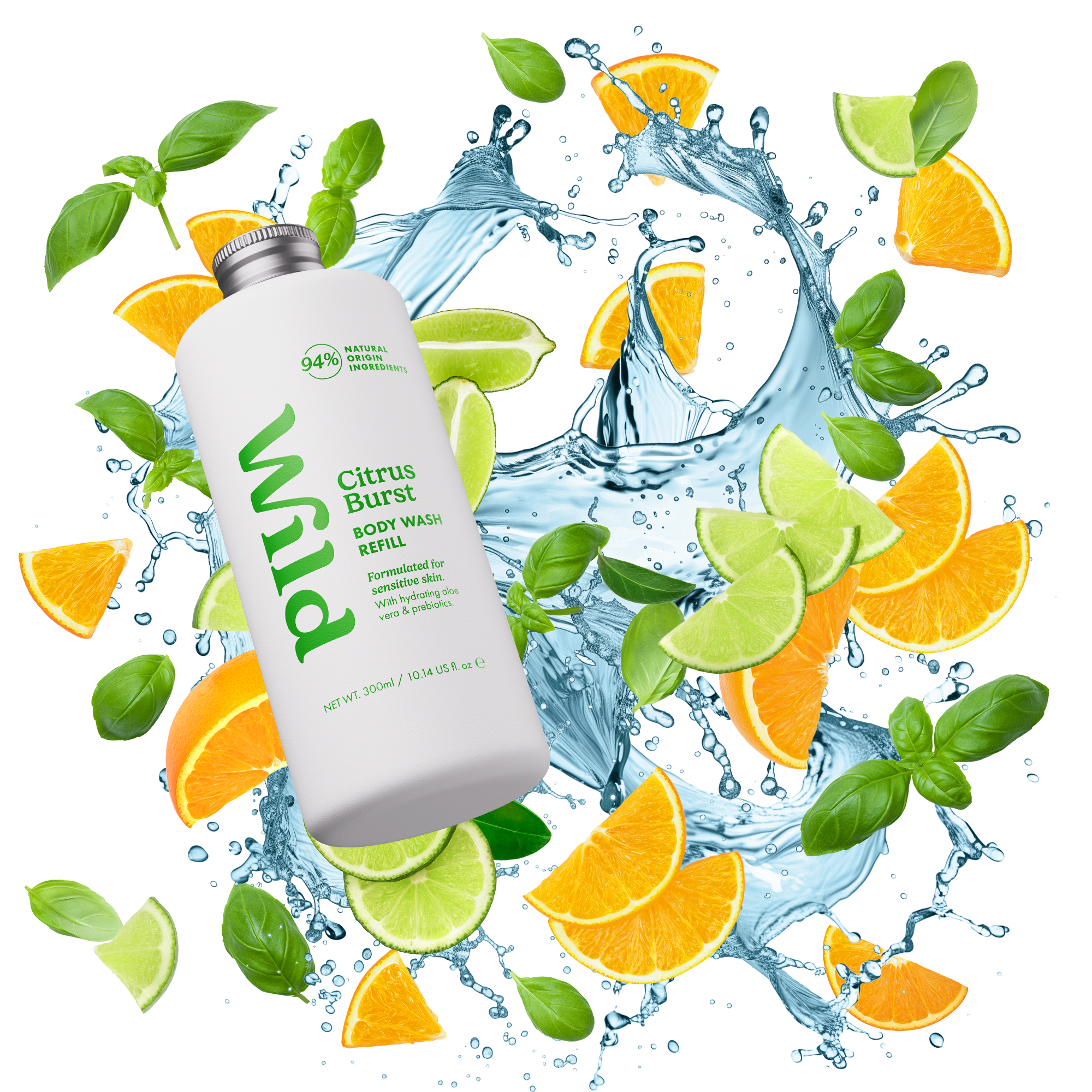 Caption: a bottle of citrus lime water surrounded by sliced oranges and mints