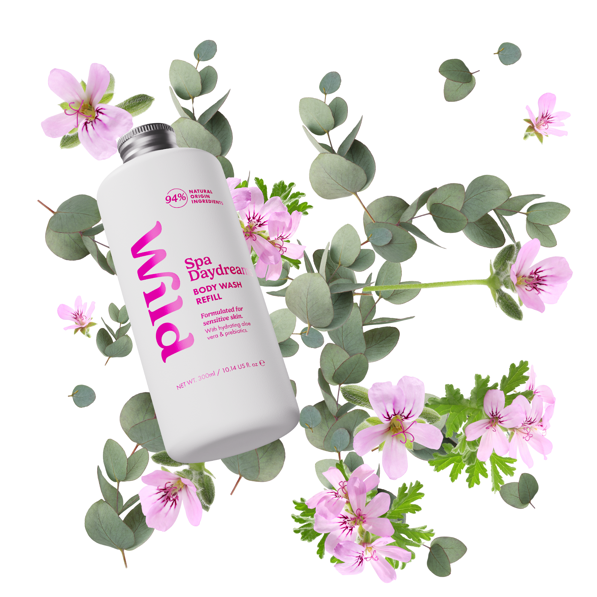 Caption: a bottle of sun defense body lotion surrounded by flowers