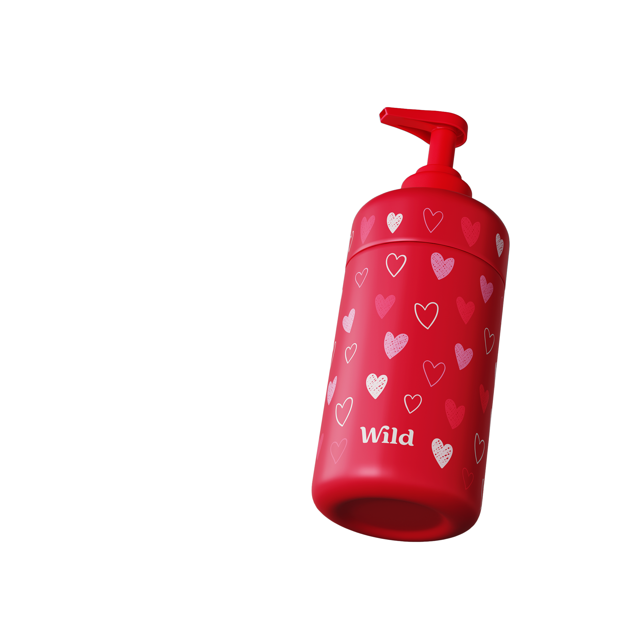 Caption: a red bottle with hearts on it