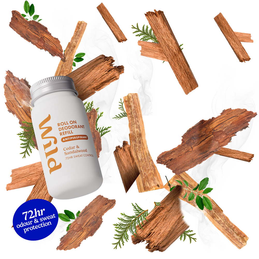 Caption: a bottle of fenn oil surrounded by sticks of wood