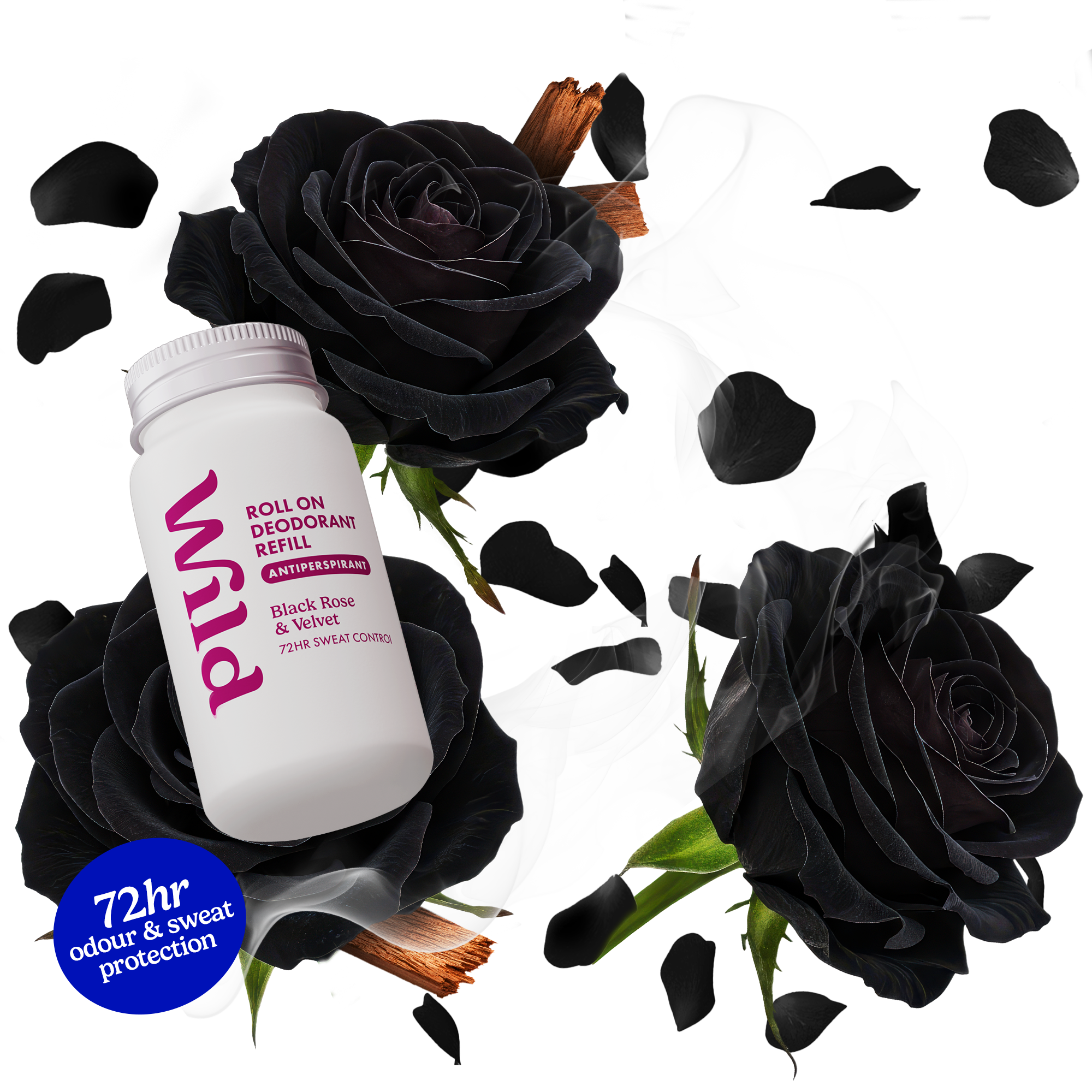 Légende : un flacon de lotion entouré de roses noires