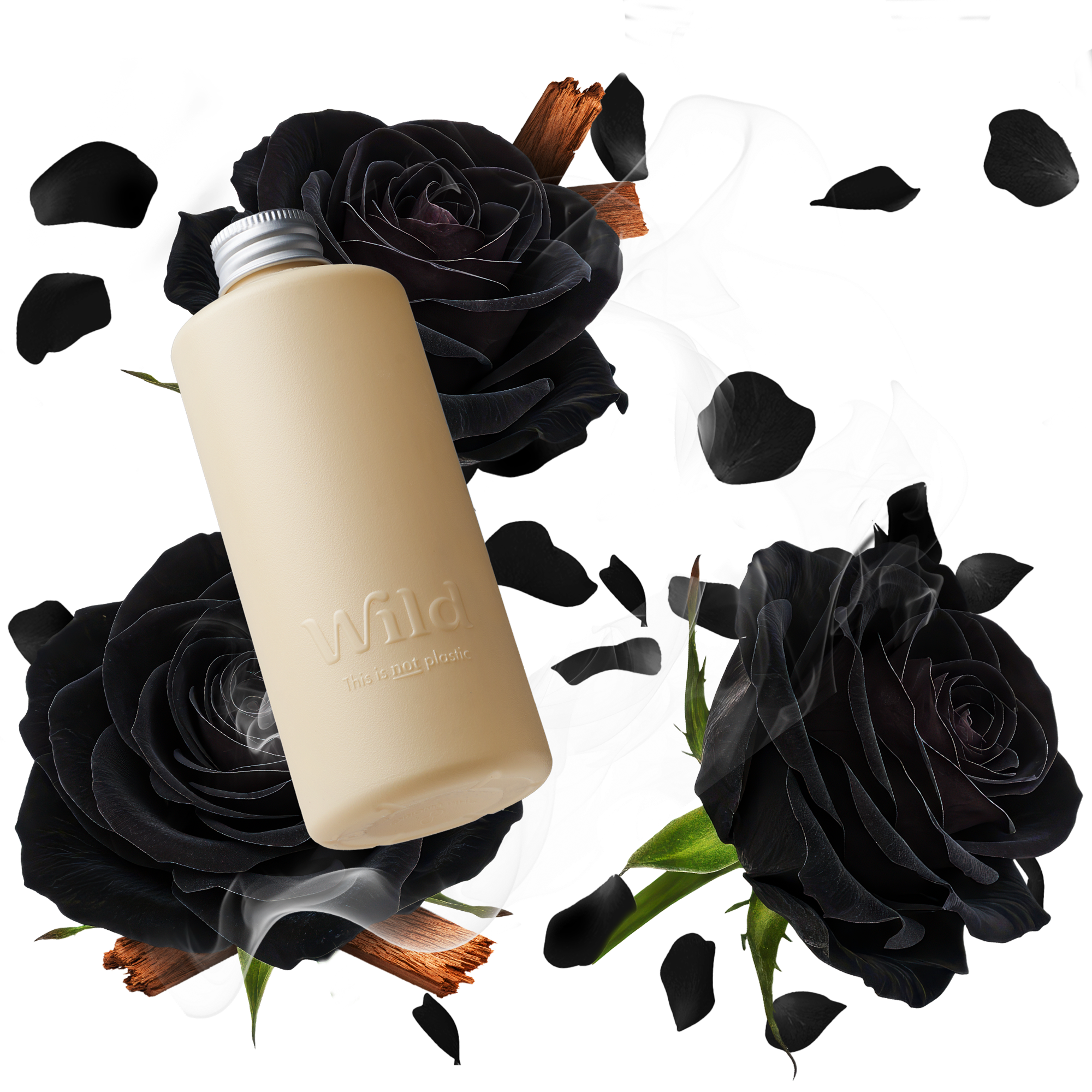 Caption: a black rose and a white bottle on a black background