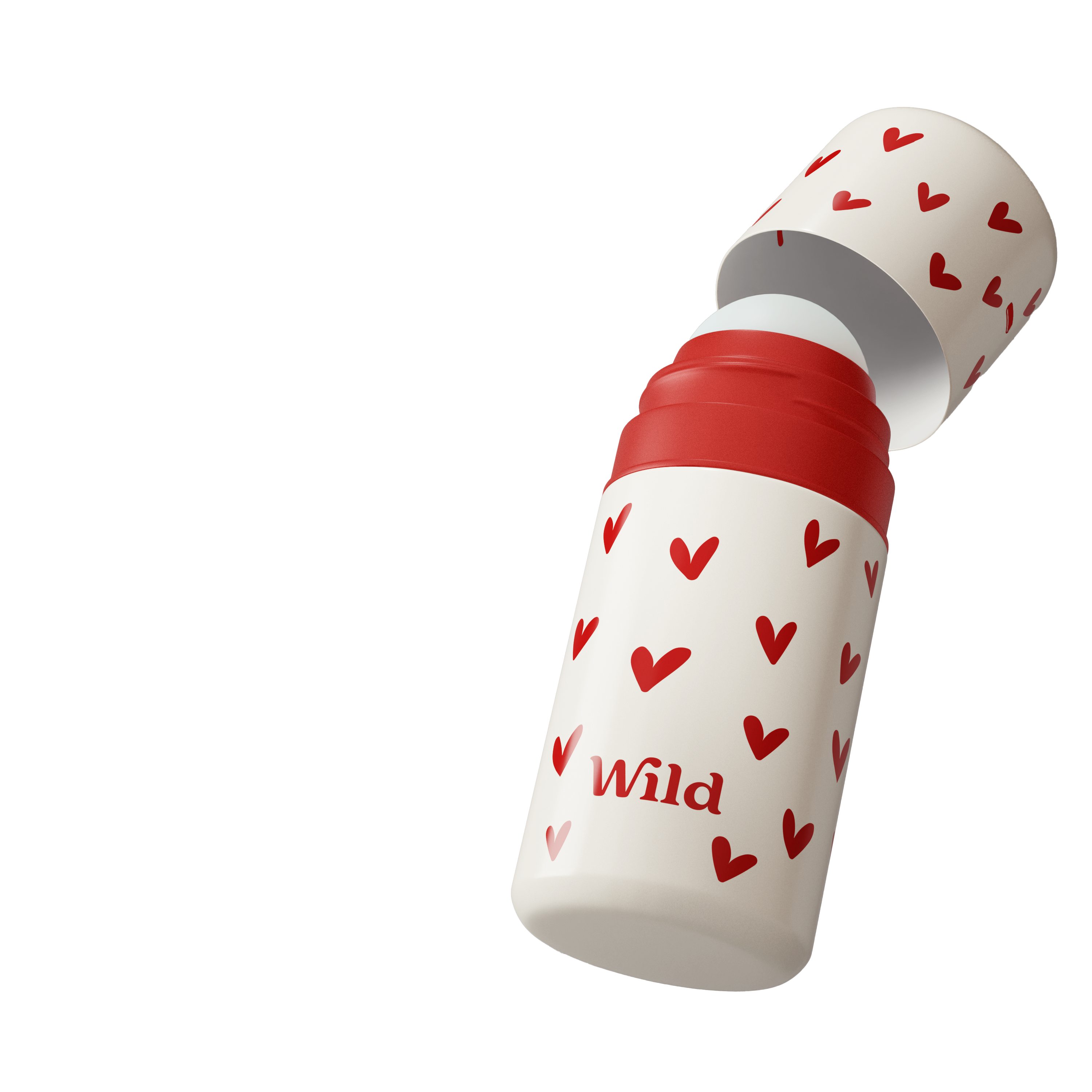 Légende : une bouteille d'eau rouge et blanche avec des cœurs dessus