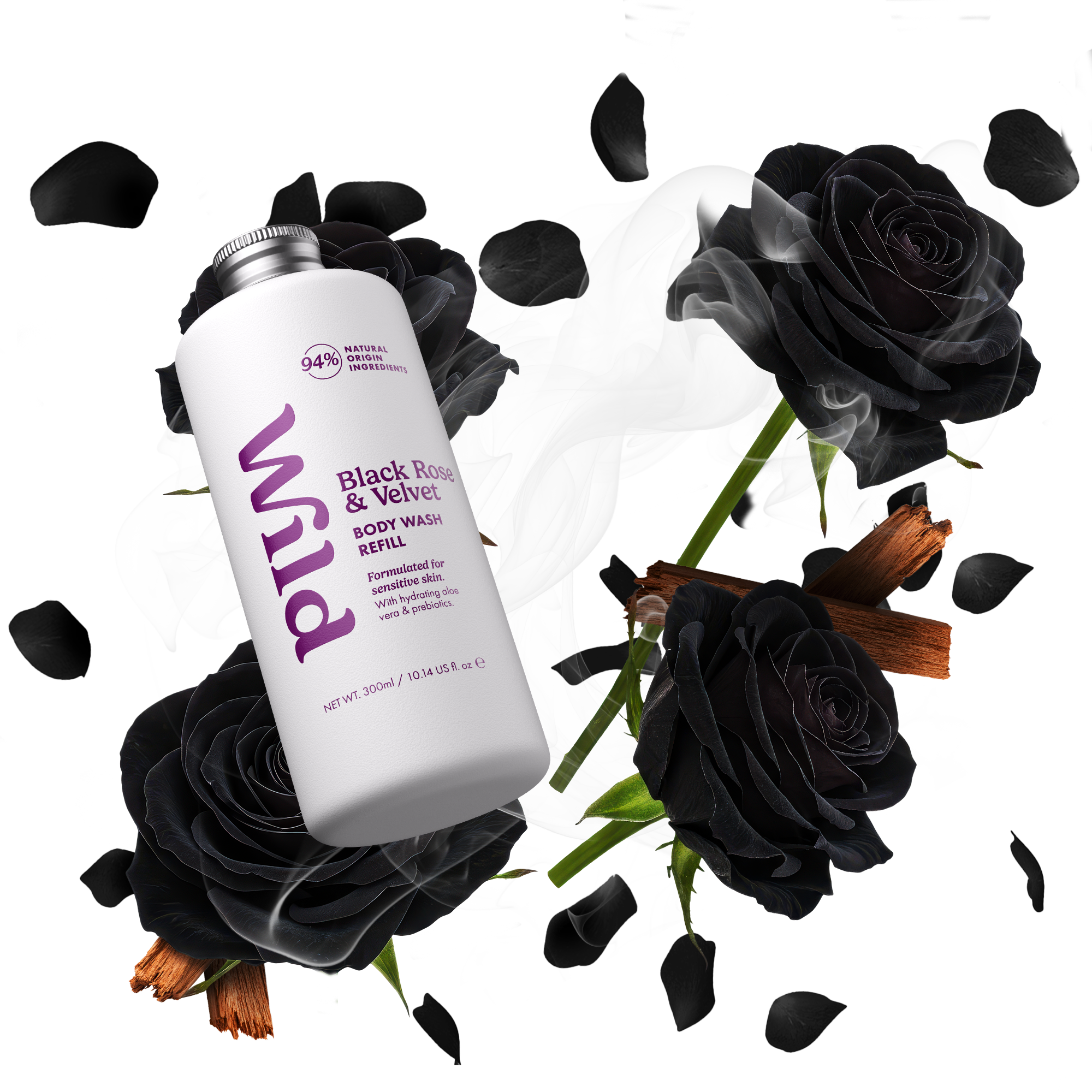 Bildunterschrift: Eine Flasche Bräunungslotion neben einem Strauß schwarzer Rosen