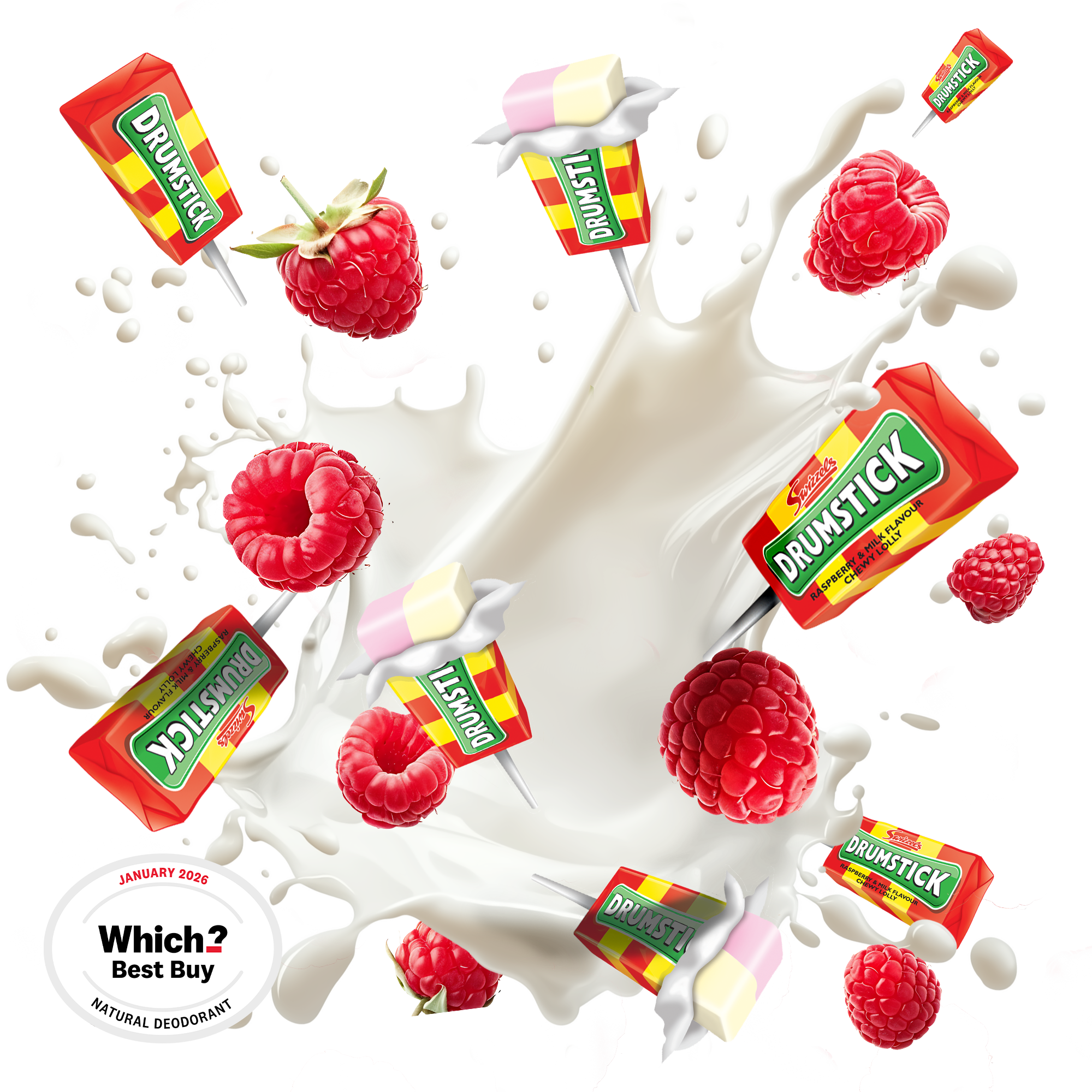 Caption: raspberries and milk splashing into a milk carton