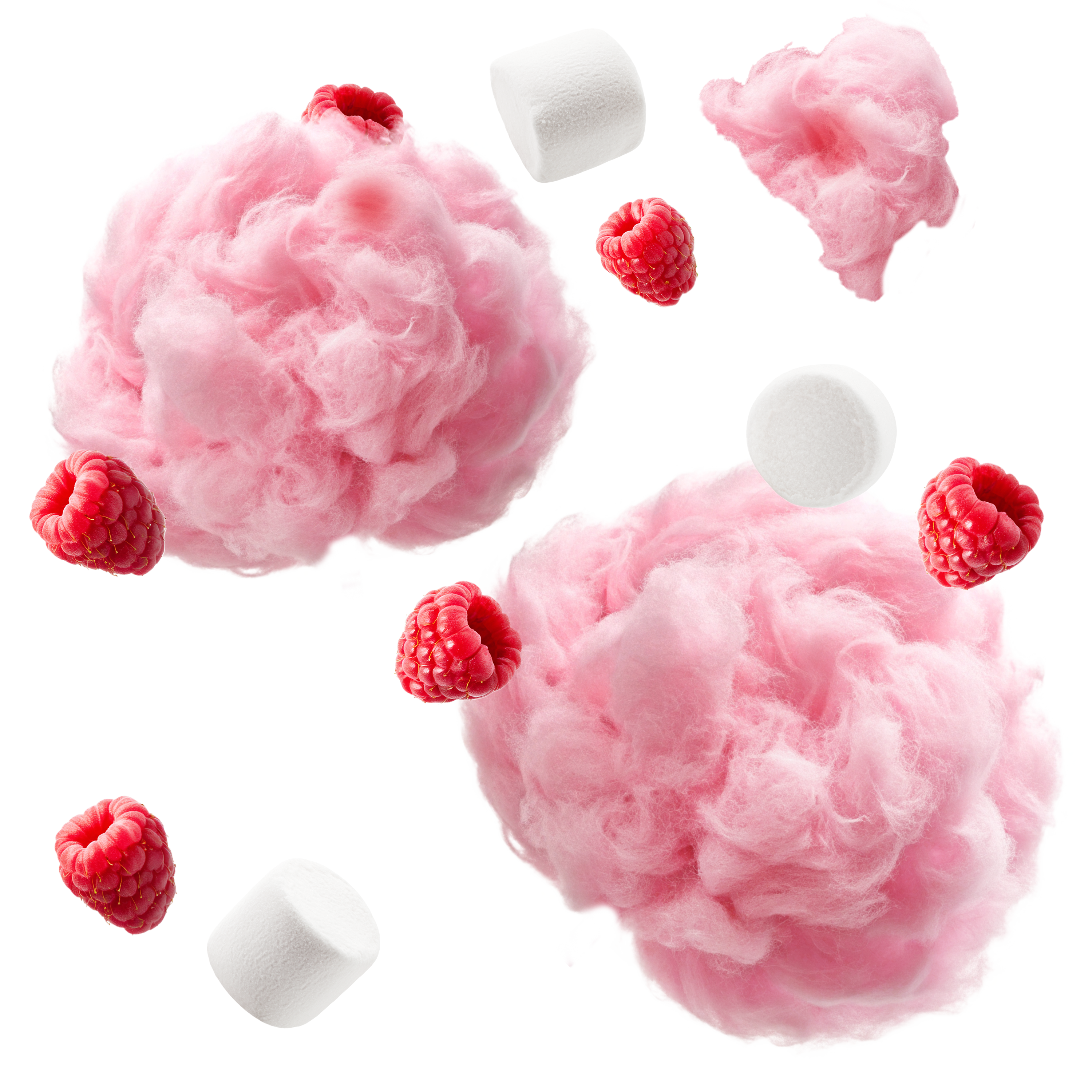 Caption: a cotton candy lollipop with raspberries and marshmallows