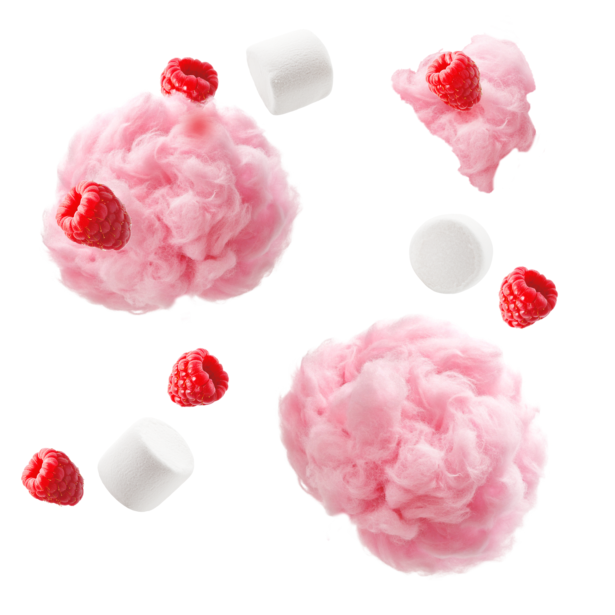 Caption: raspberries and marshmallows floating in the air