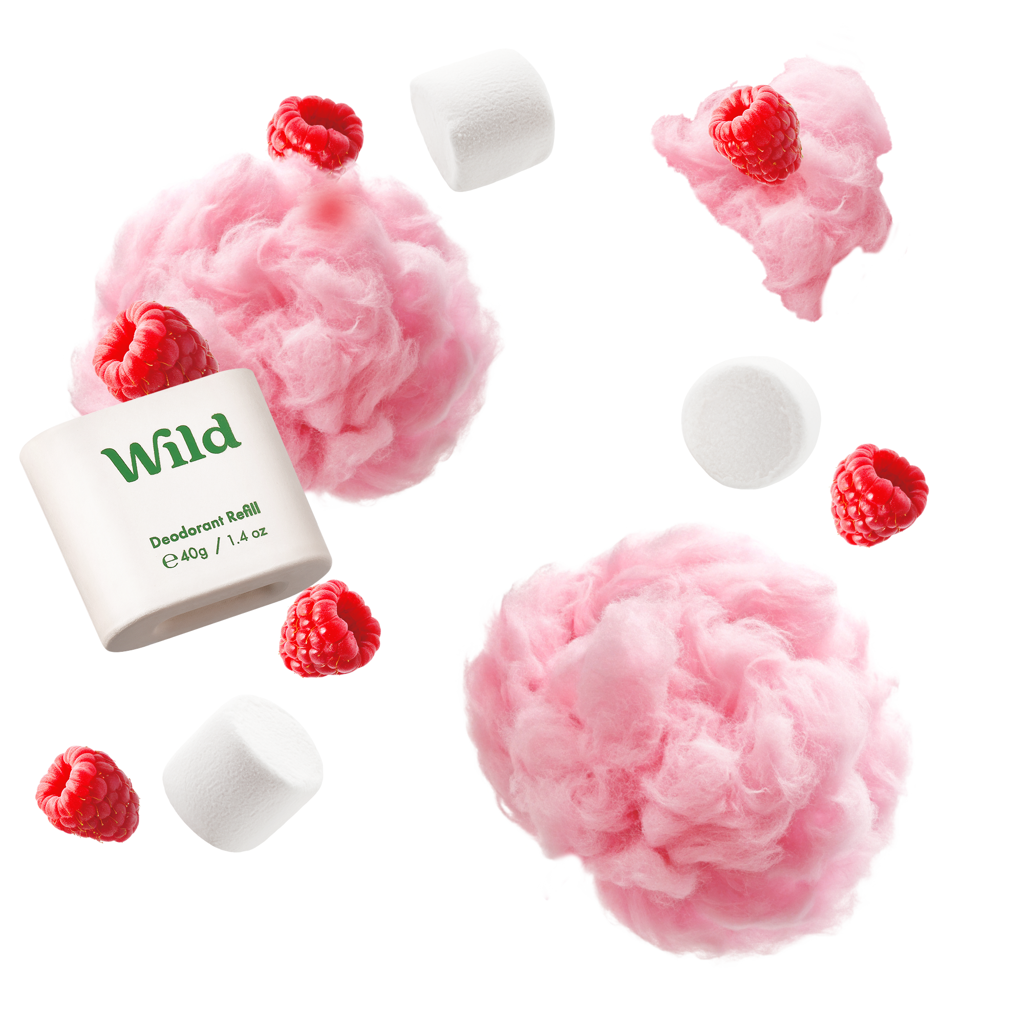 Caption: raspberries and marshmallows are scattered around a soap bomb
