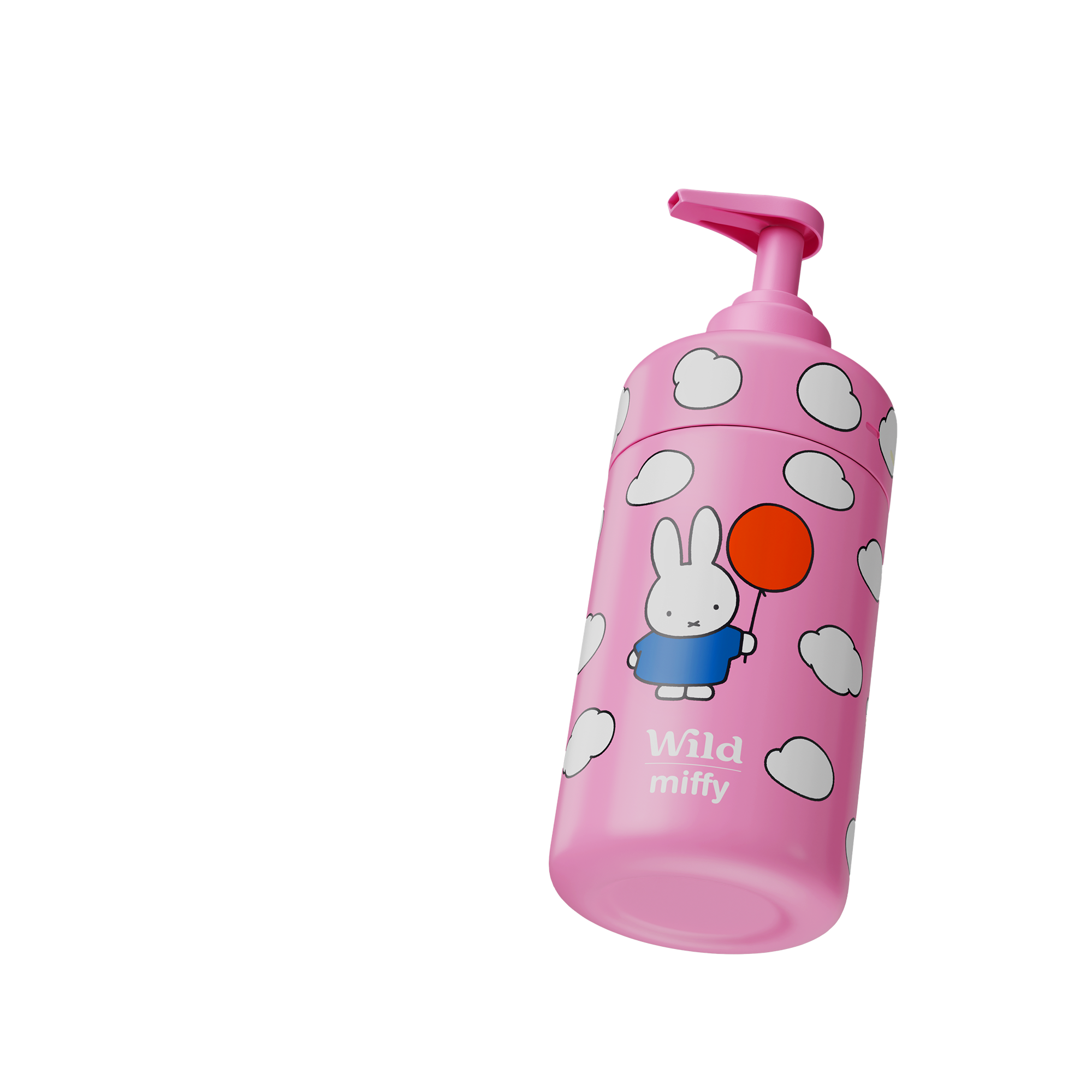 Bijschrift: een roze waterfles met een konijn erop