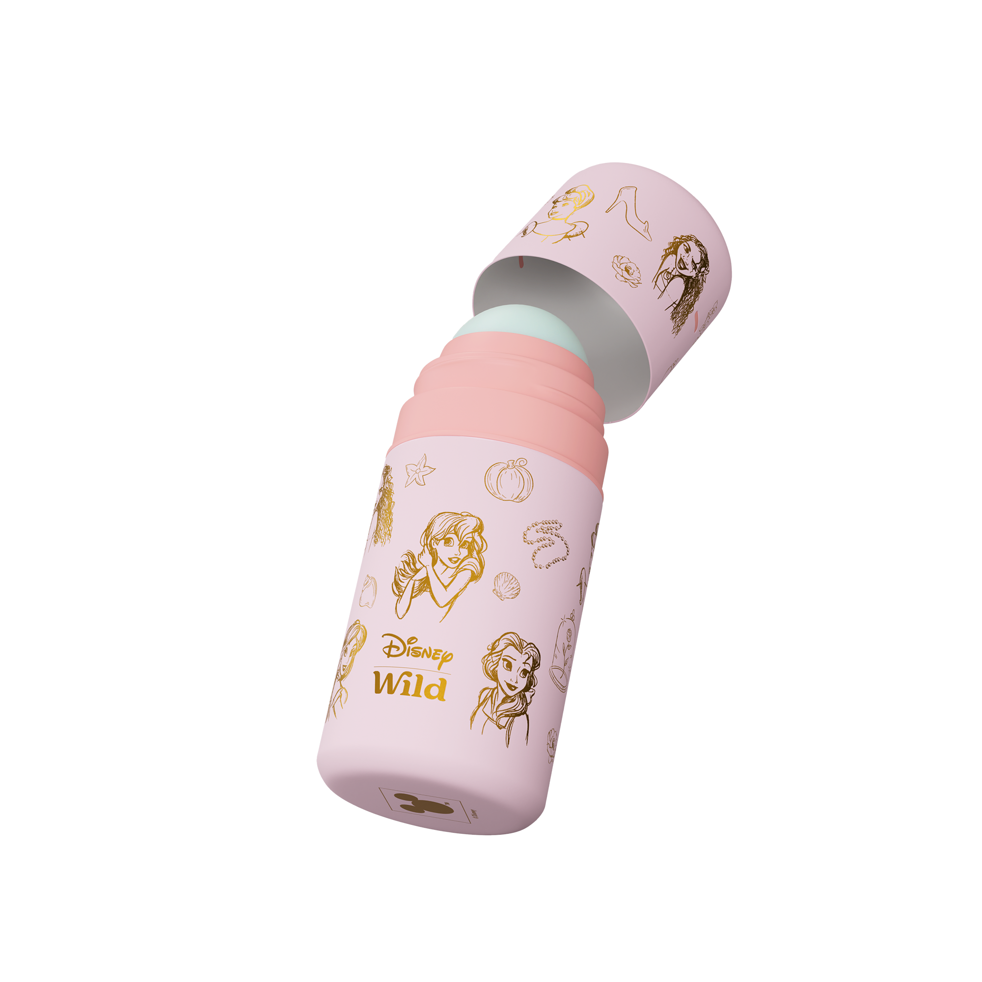 Caption: a pink baby bottle with disney princess drawings on it
