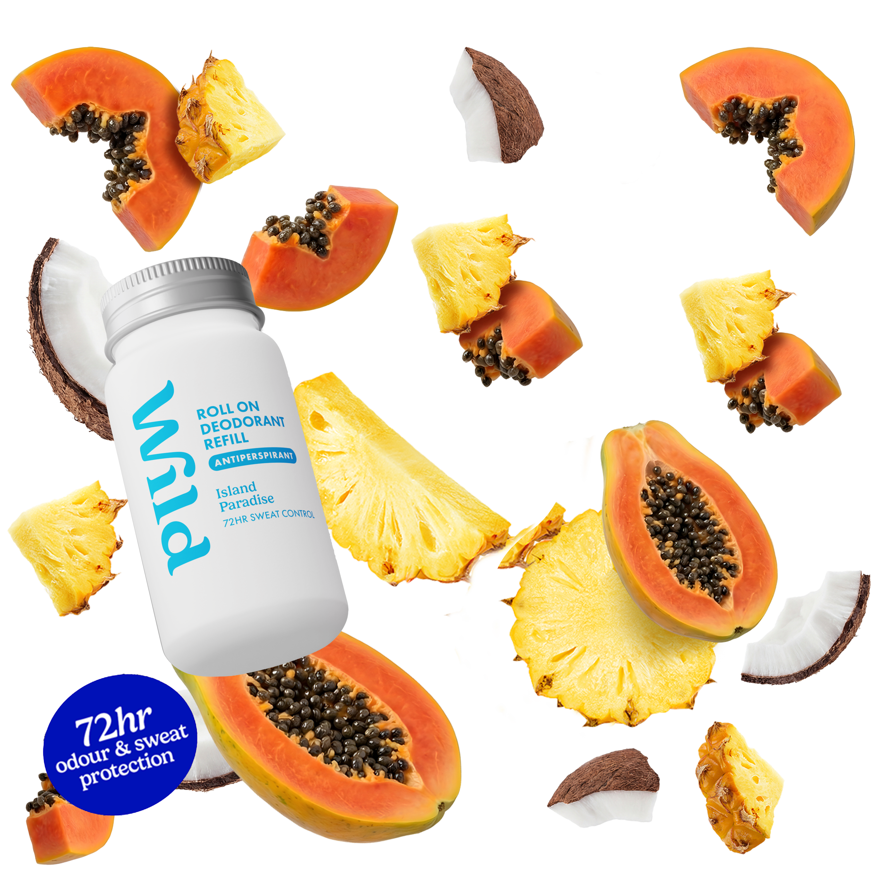 Bijschrift: een fles vitaminewater omringd door gesneden fruit