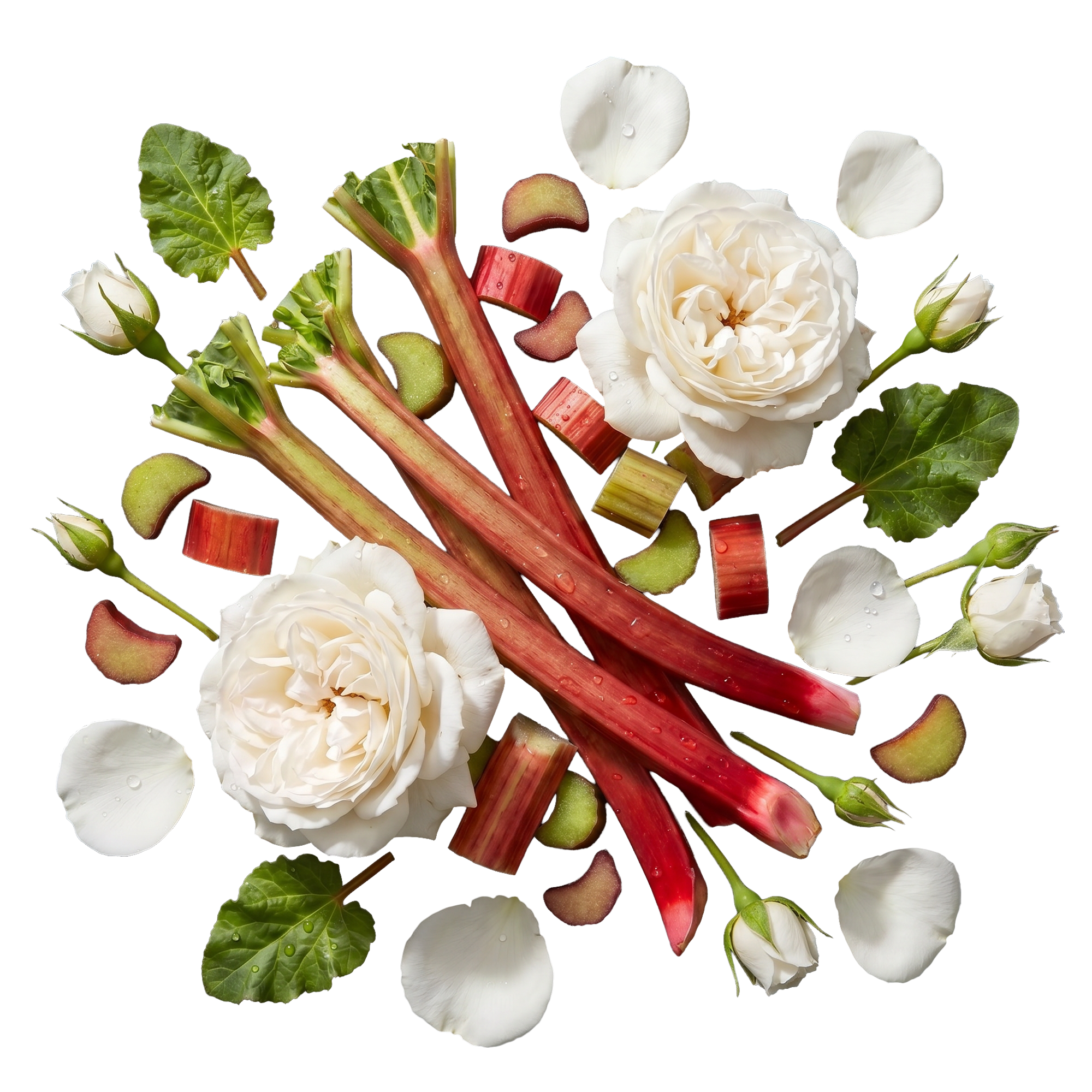 Caption: a bunch of rhubaras and flowers on a table