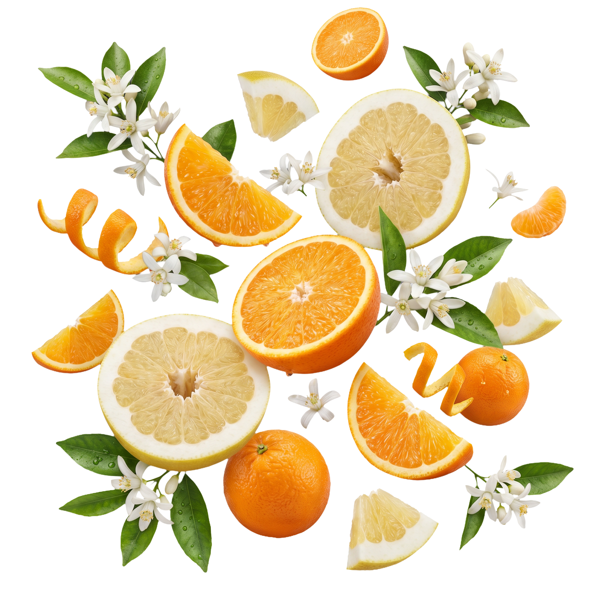 Bildunterschrift: Eine Gruppe halbierter Orangen mit Blättern und Blüten