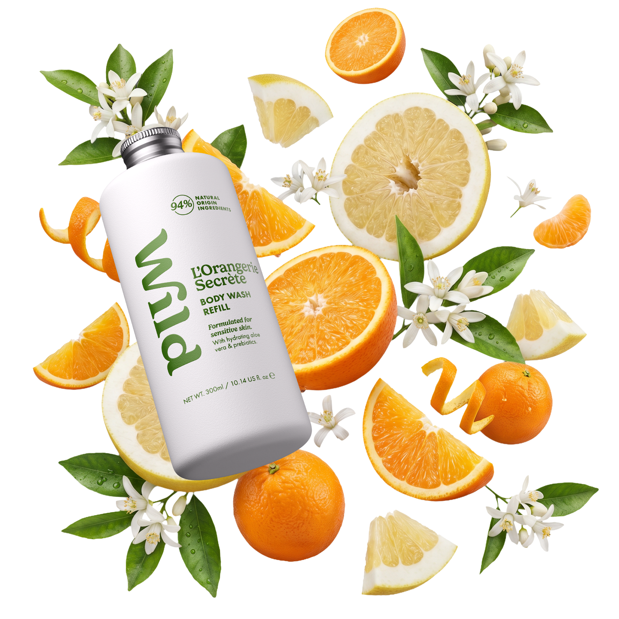 Bijschrift: een fles vitaminewater, omringd door schijfjes sinaasappel en bloemen