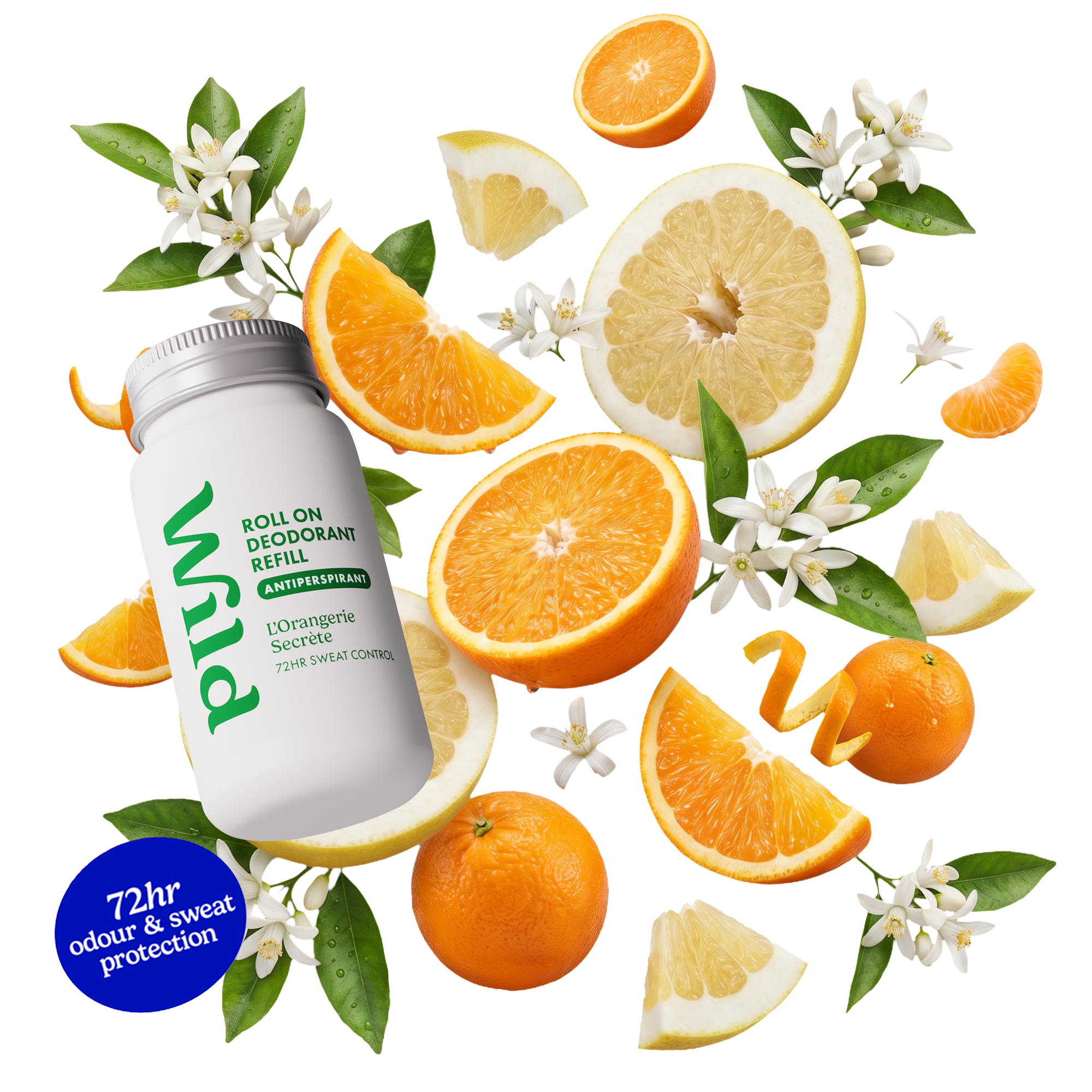 Bildunterschrift: Eine Flasche Vitaminwasser, umgeben von Orangenscheiben und Blumen