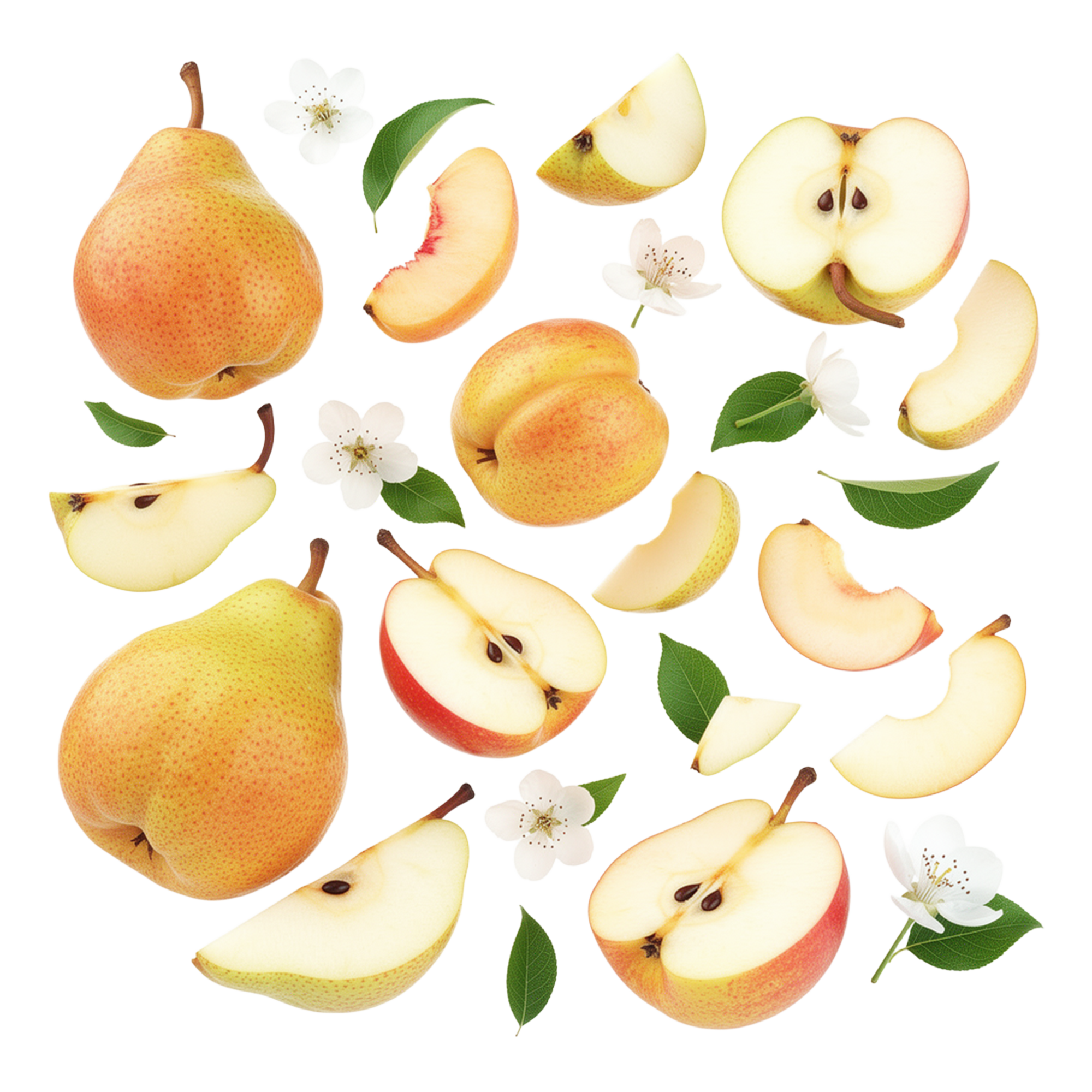 Caption: a group of apples and pears with leaves and flowers