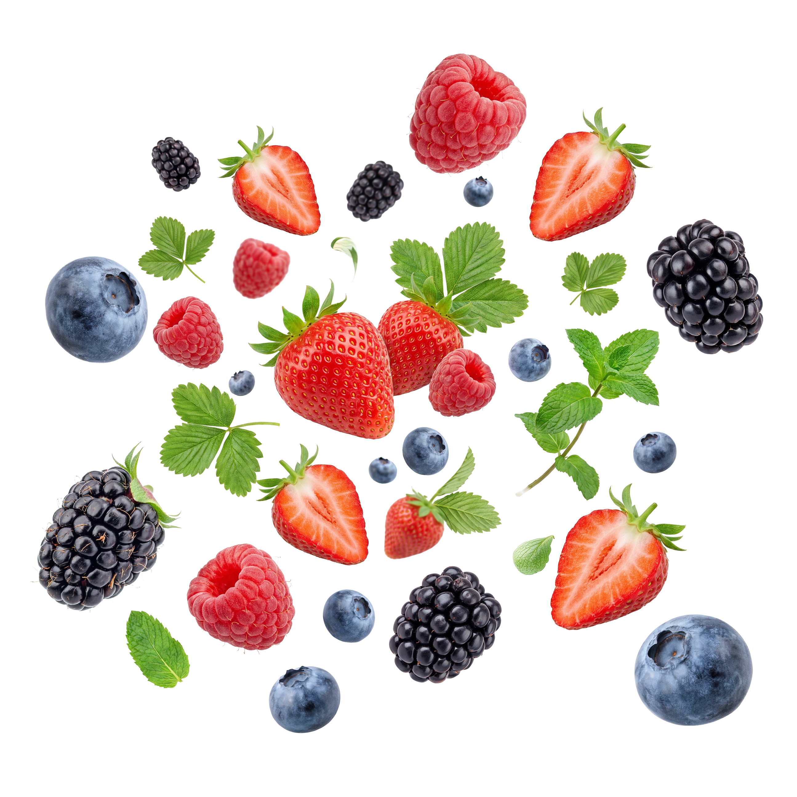Caption: a group of berries and raspberries on a white background