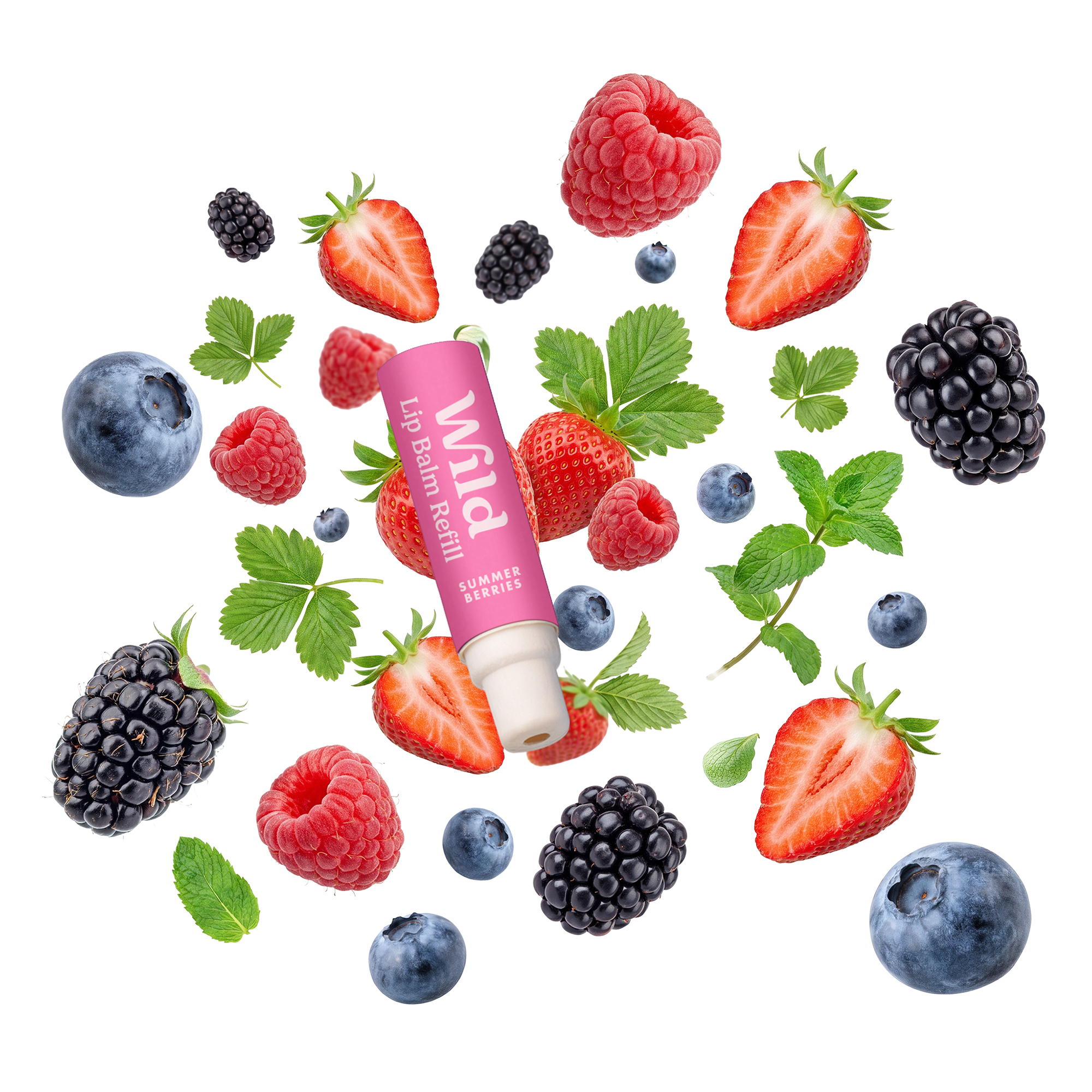 Caption: a tube of lip balm surrounded by berries and raspberries