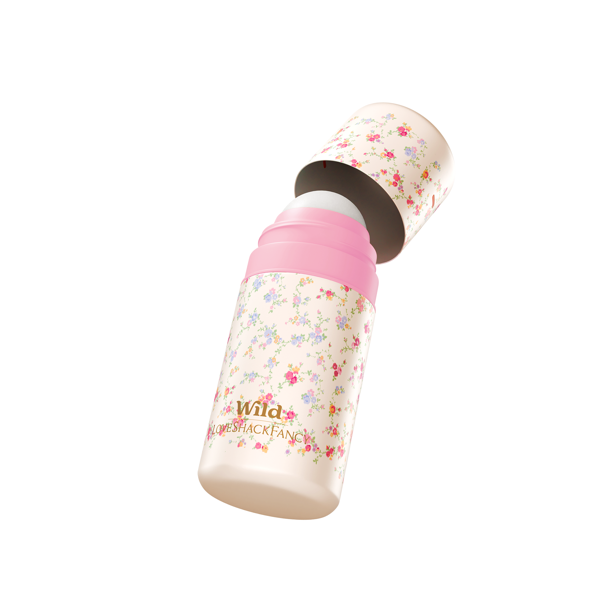 Caption: a pink and white bottle with flowers on it
