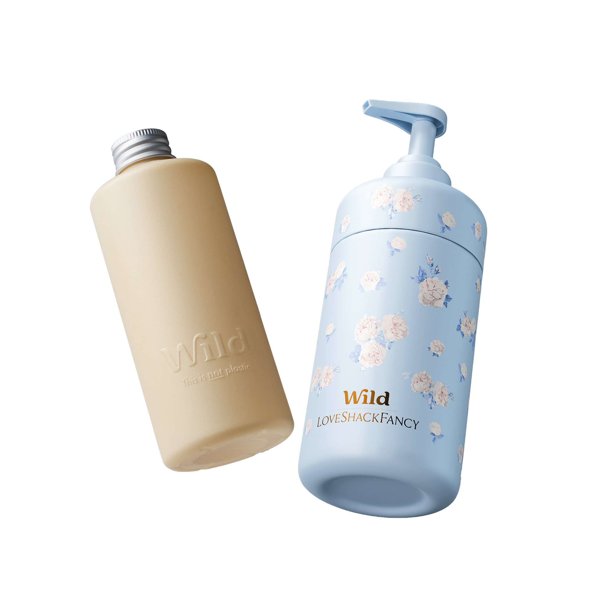 Caption: a bottle of water and a bottle of body lotion