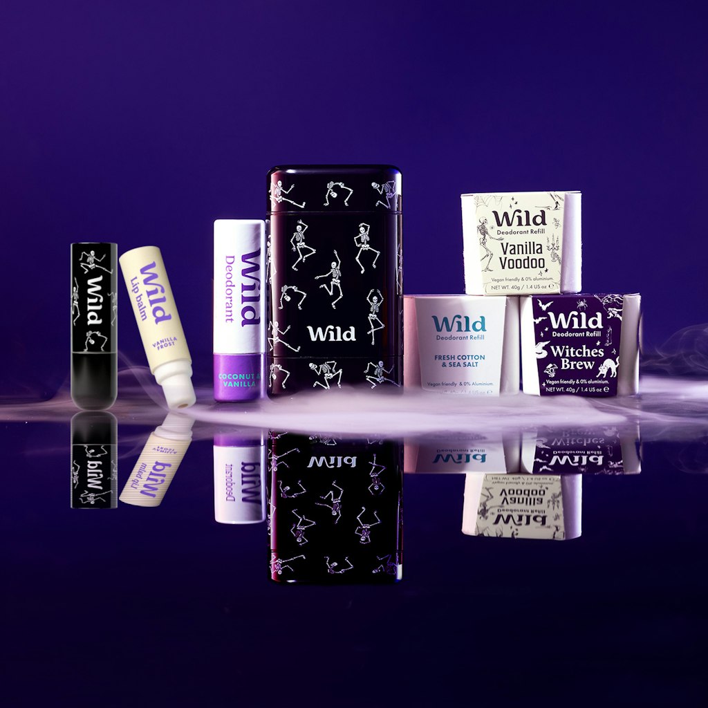 Wild Halloween Starter Pack: skeleton-print deodorant case, refills and lip balm