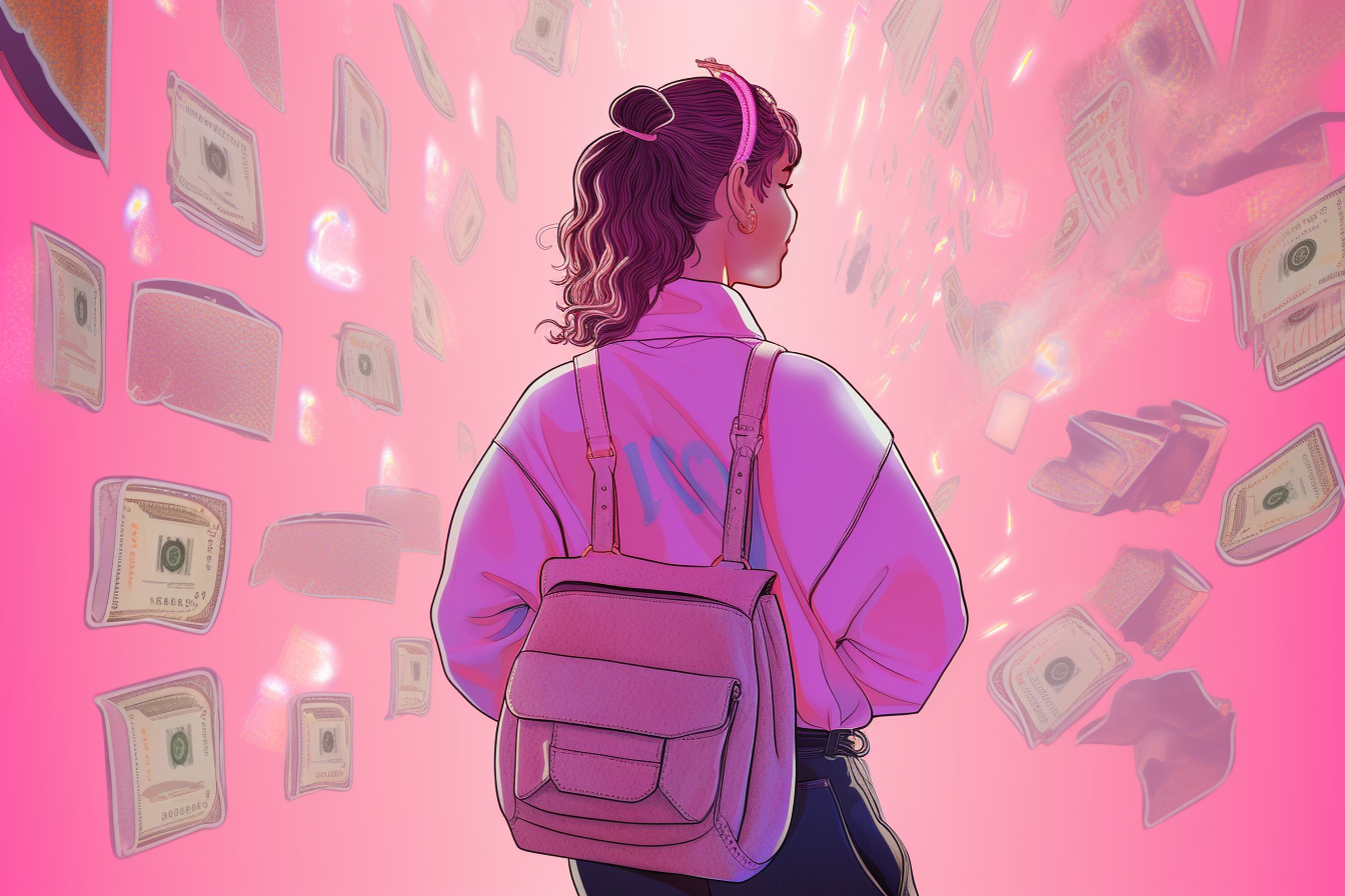 Student walking into bank with backpack full of money