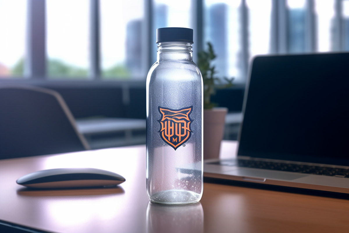 Custom Company Water Bottle on Desk